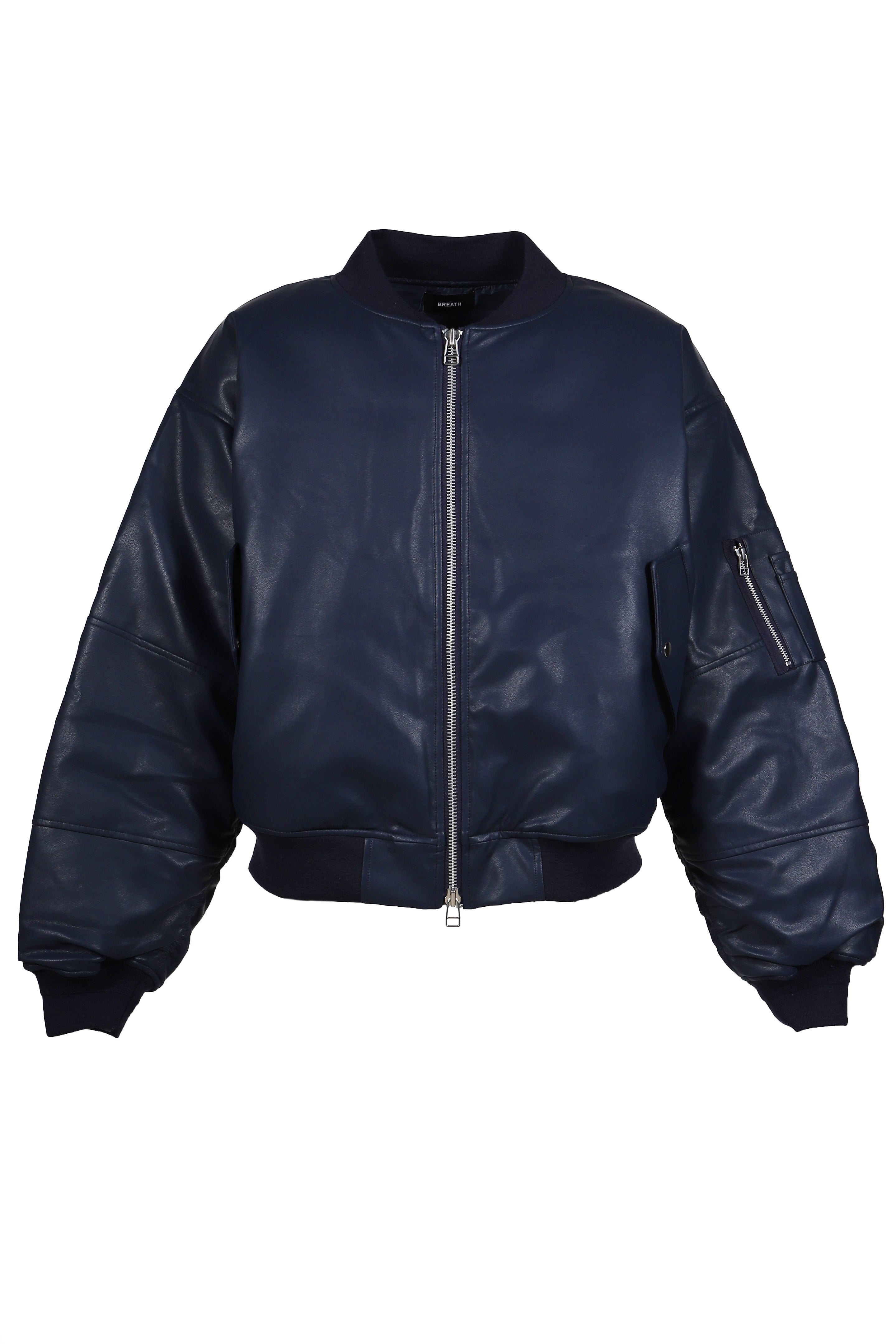 FAUX LEATHER BOMBER JACKET / NAVY｜BREATH ブレス - BAD HOP