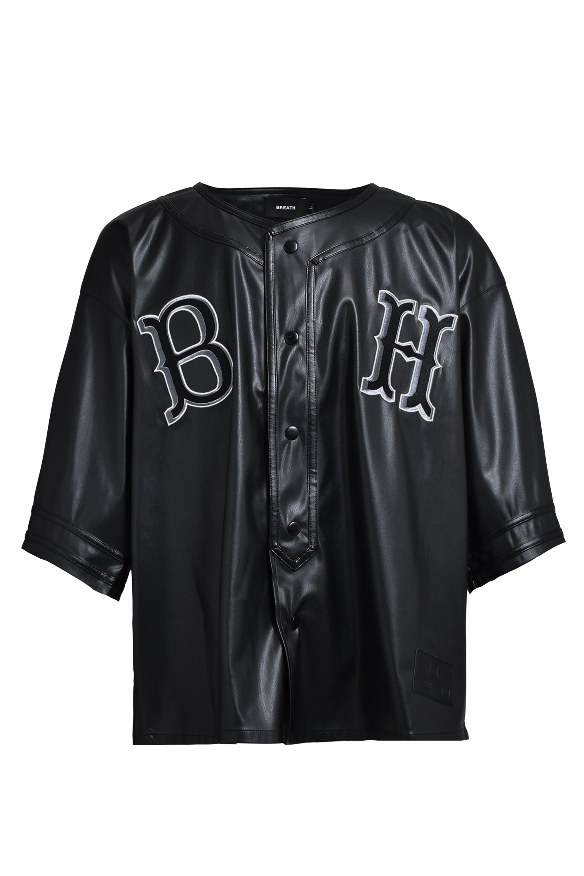 FAUX LEATHER BH BASEBALL SHIRT / BLACK – BREATH - サイズ 着丈 身幅