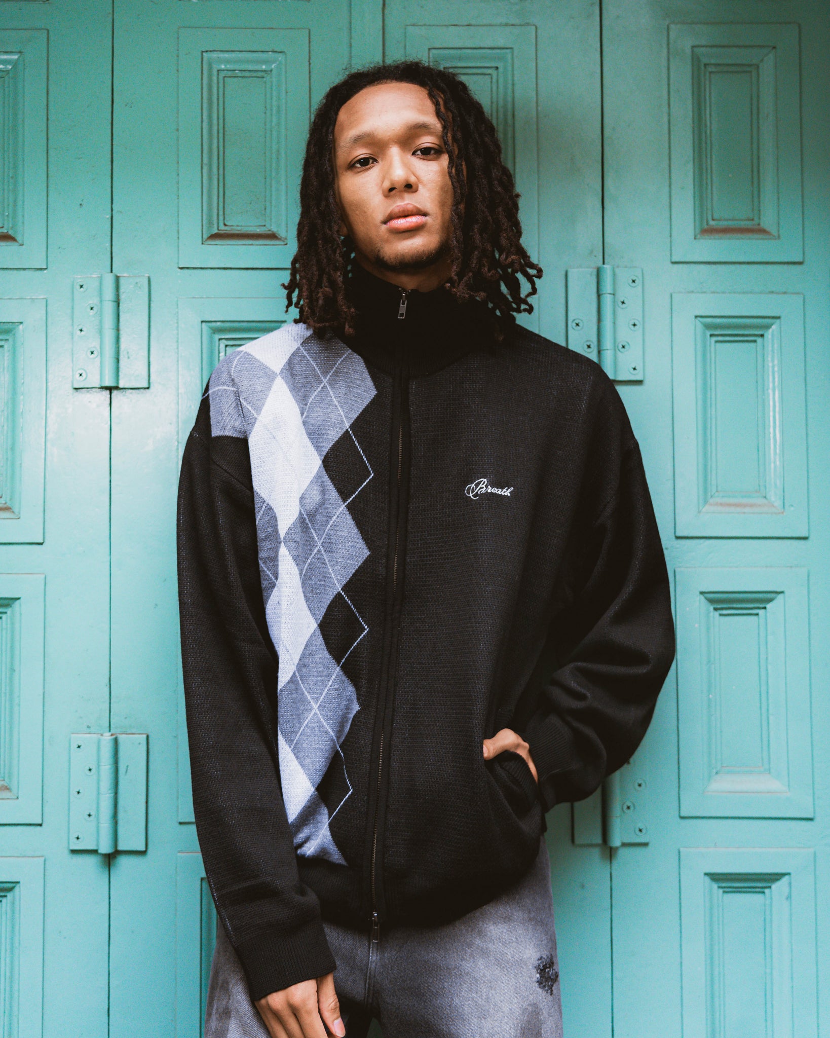 ARGYLE ZIP KNIT JACKET / BLACK