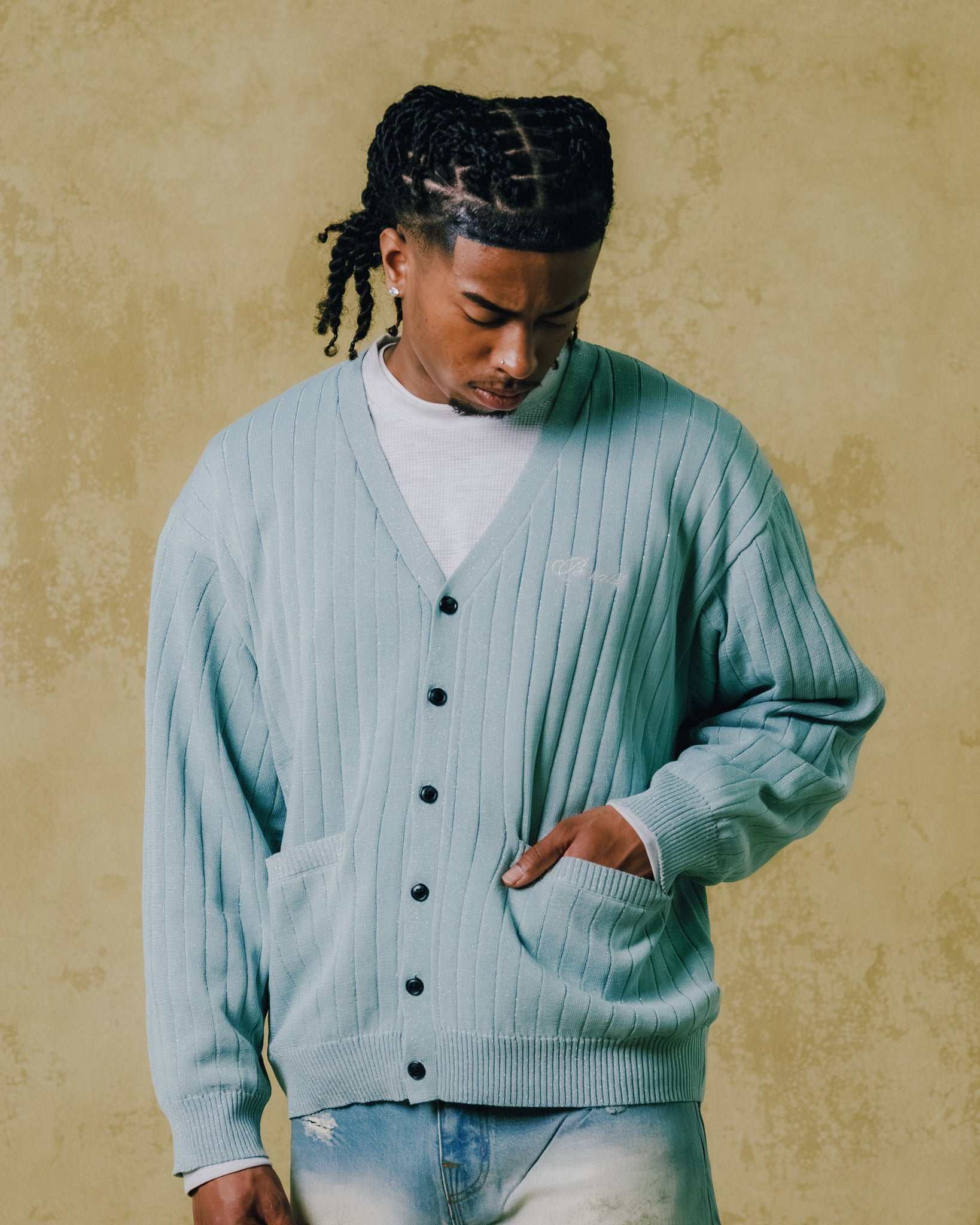 SCRIPT LOGO KNIT CARDIGAN / TURQUOISE ｜BREATH ブレス - BAD HOP