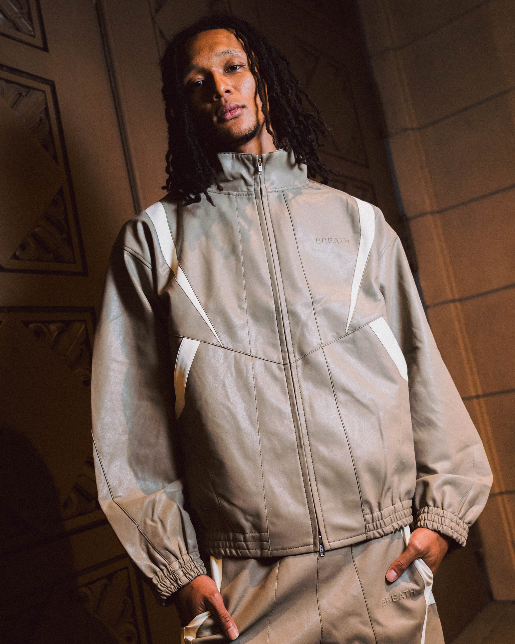FAUX LEATHER LAMBO TRACK JACKET / BEIGE