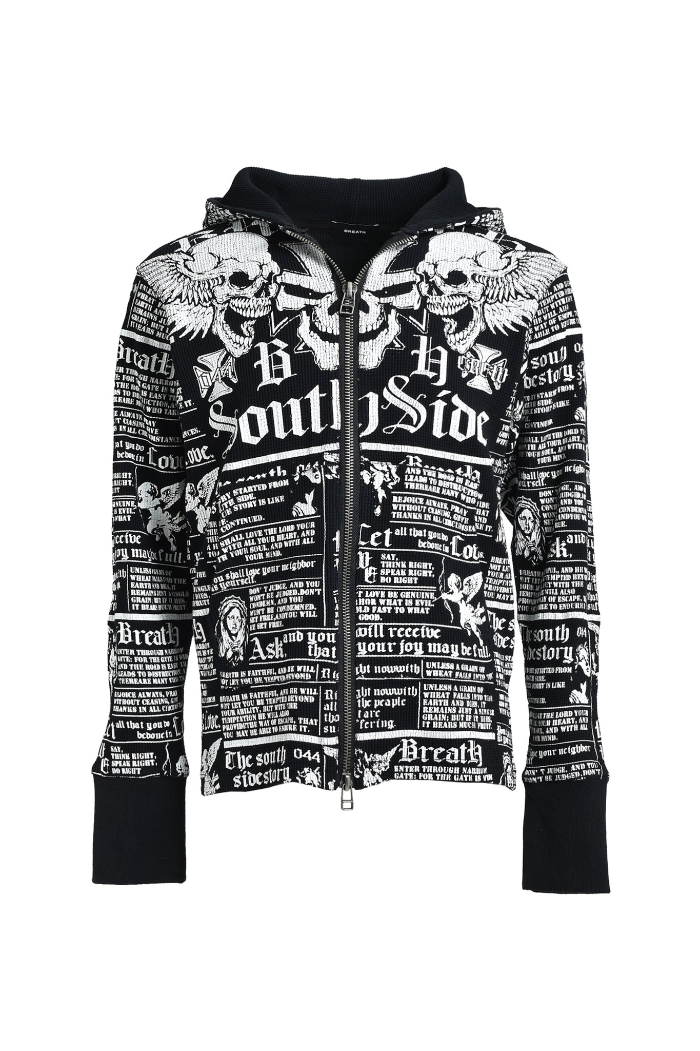 SKULL WASH WAFFLE ZIP UP HOODE / BLACK