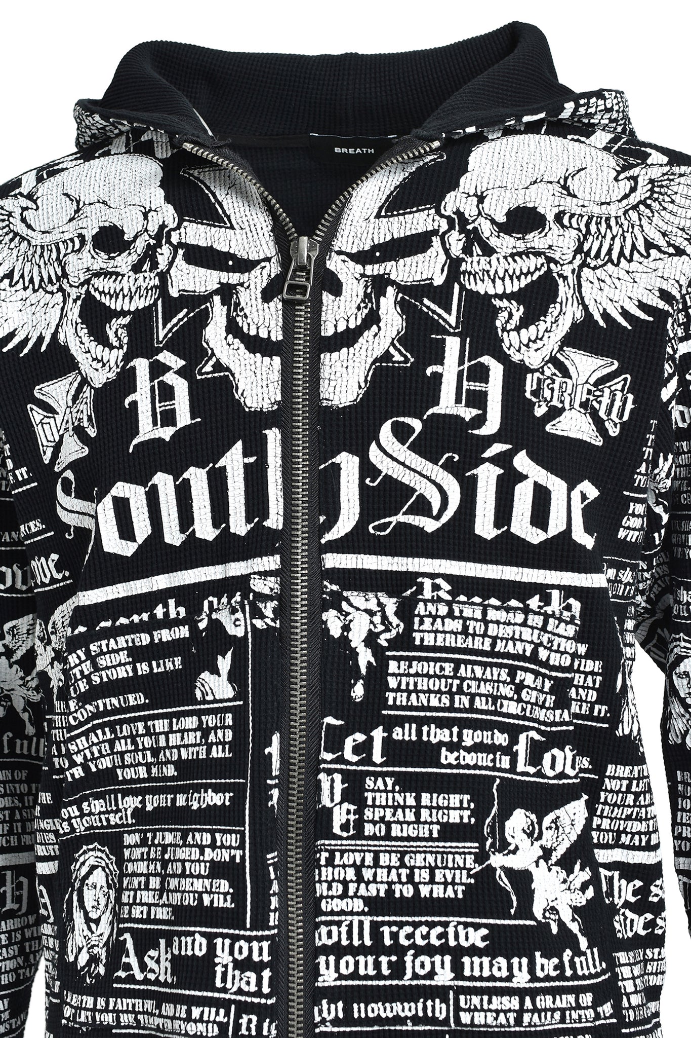 SKULL WASH WAFFLE ZIP UP HOODE / BLACK
