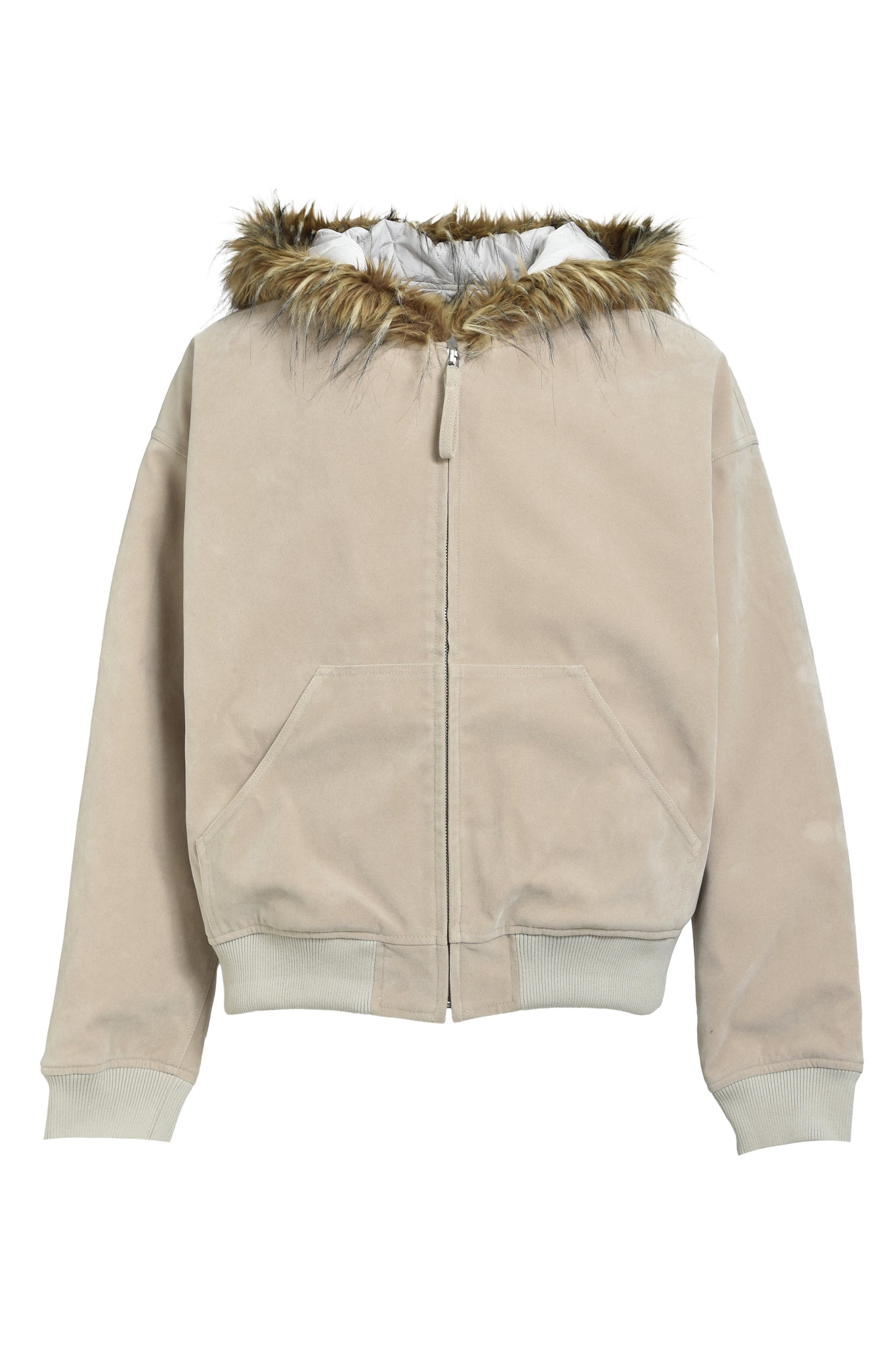 FAUX LEATHER FUR HOODED JACKET / BEIGE