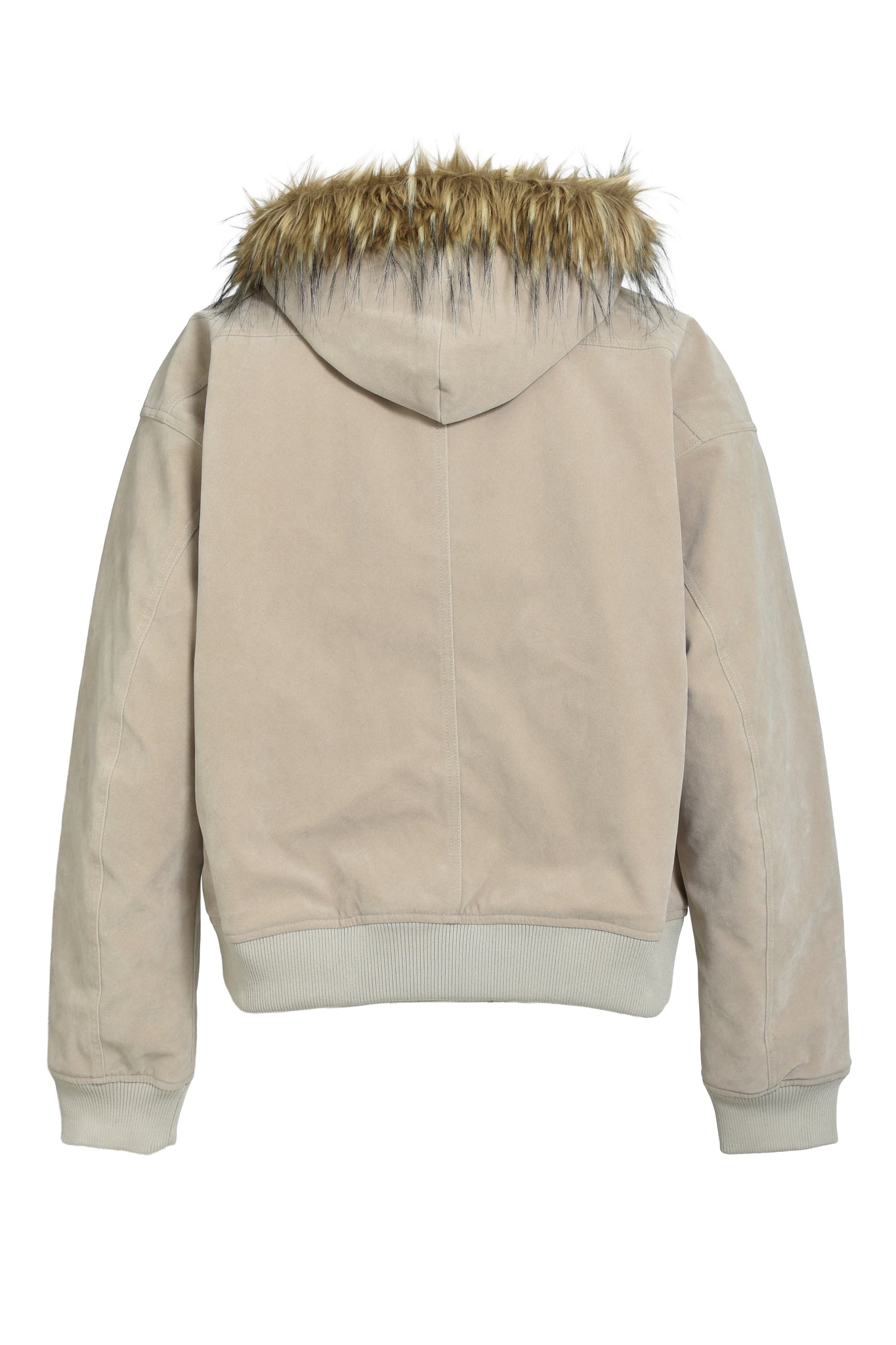 FAUX LEATHER FUR HOODED JACKET / BEIGE