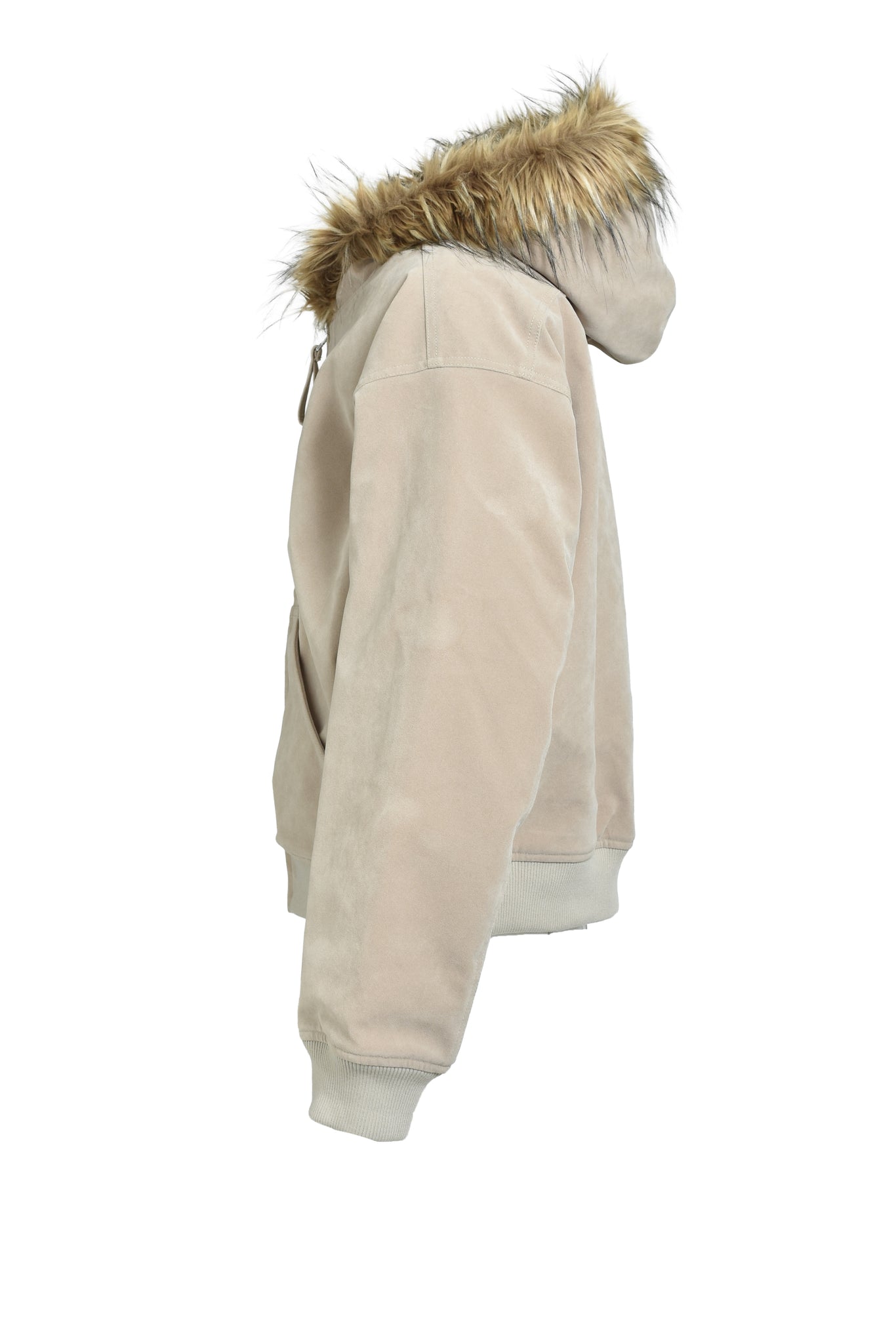 FAUX LEATHER FUR HOODED JACKET / BEIGE
