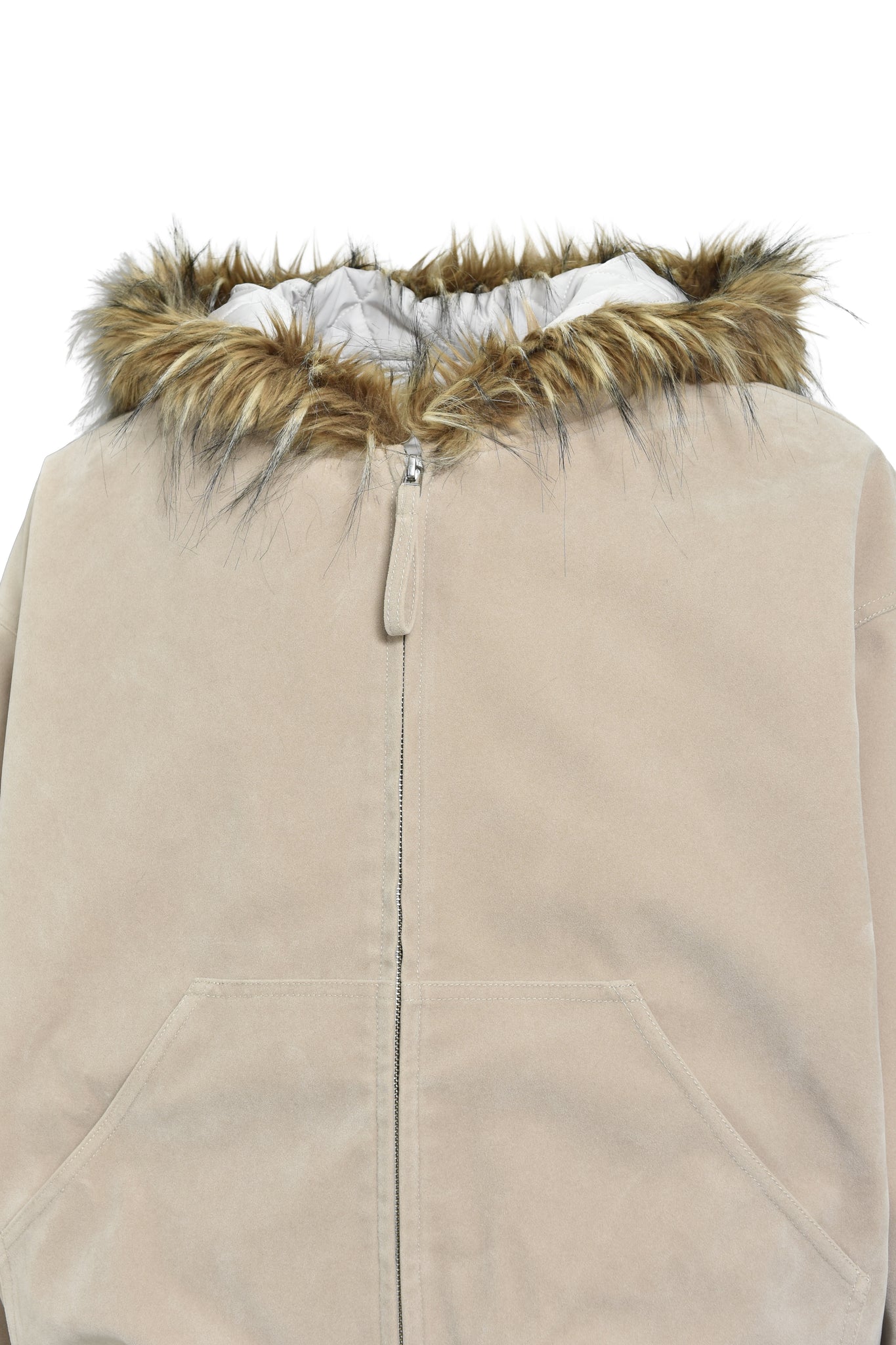 FAUX LEATHER FUR HOODED JACKET / BEIGE