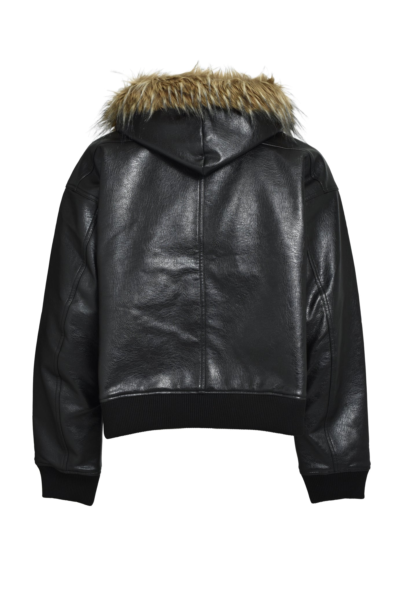 FAUX LEATHER FUR HOODED JACKET / BLACK