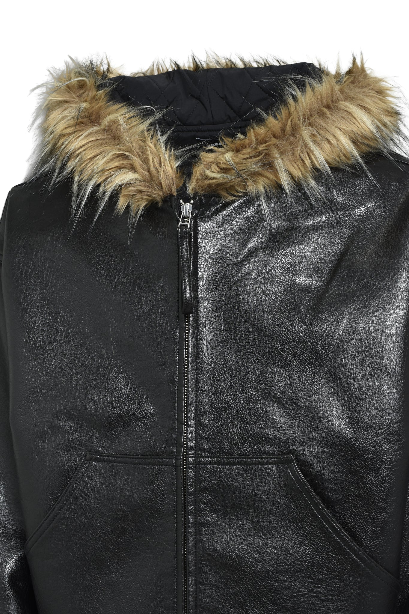 FAUX LEATHER FUR HOODED JACKET / BLACK