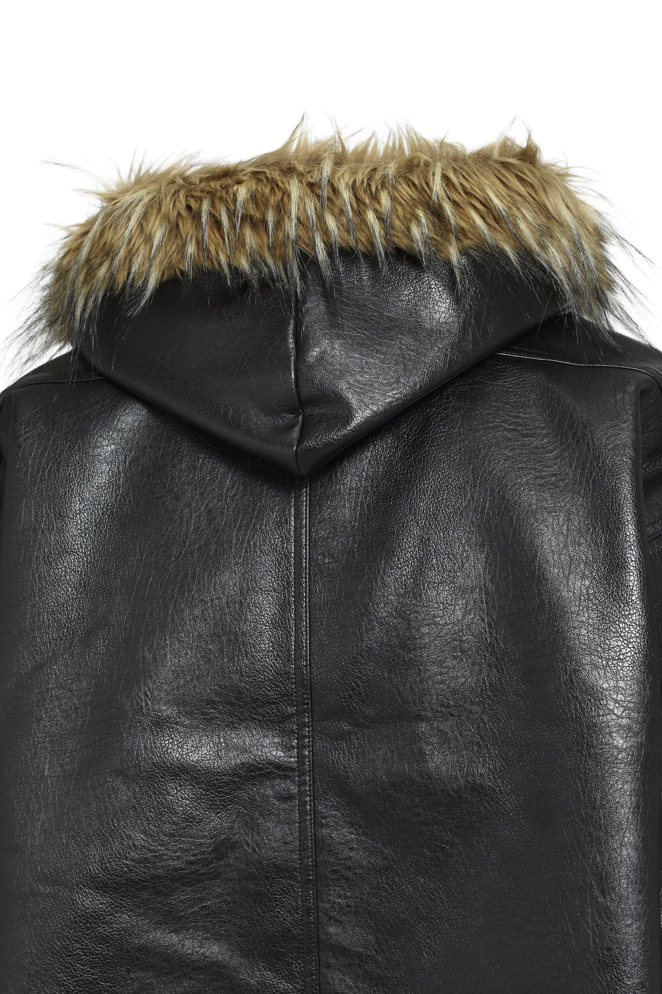 FAUX LEATHER FUR HOODED JACKET / BLACK