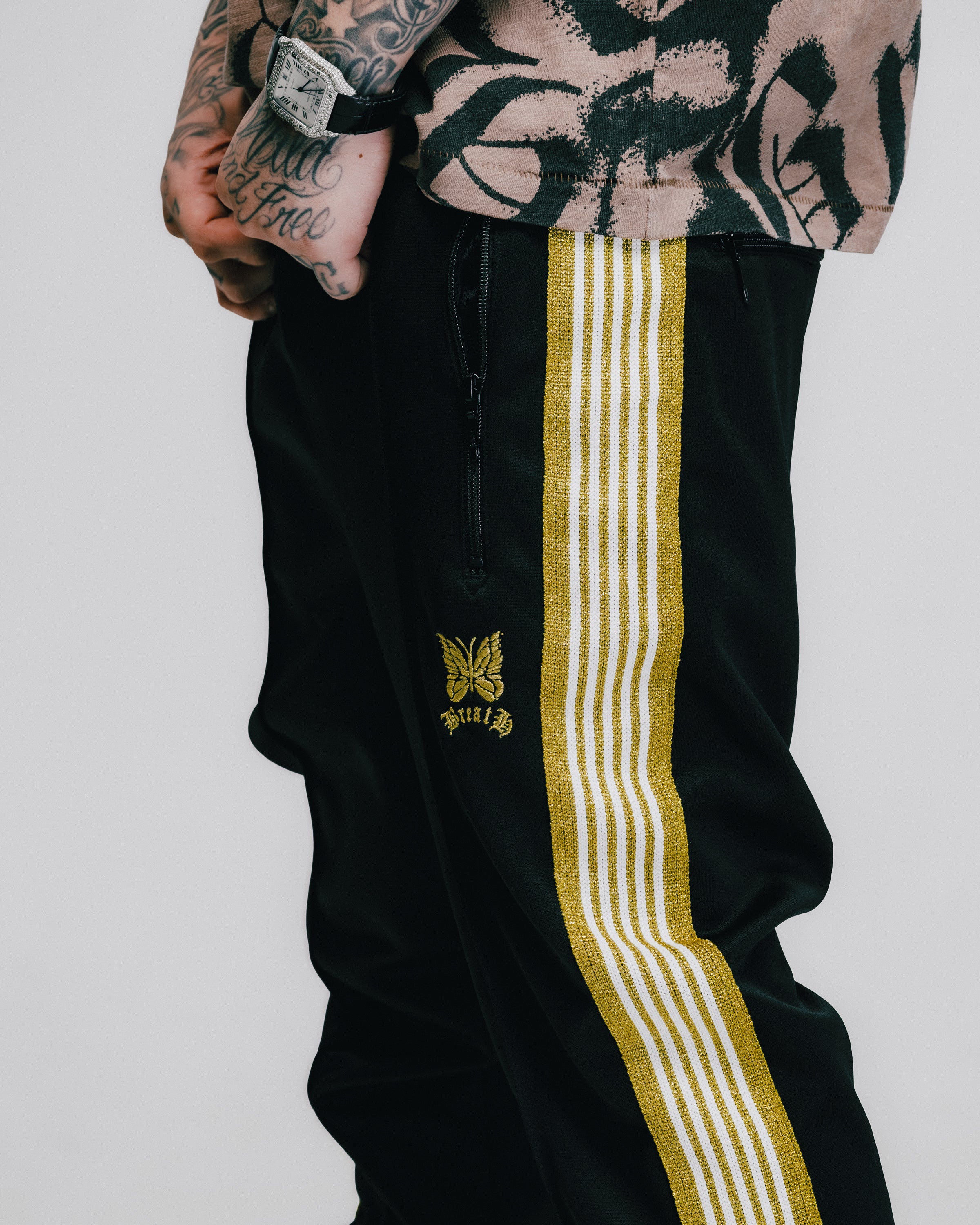 Needles NARROW TRACK PANT - POLY SMOOTH / BLACK GOLD