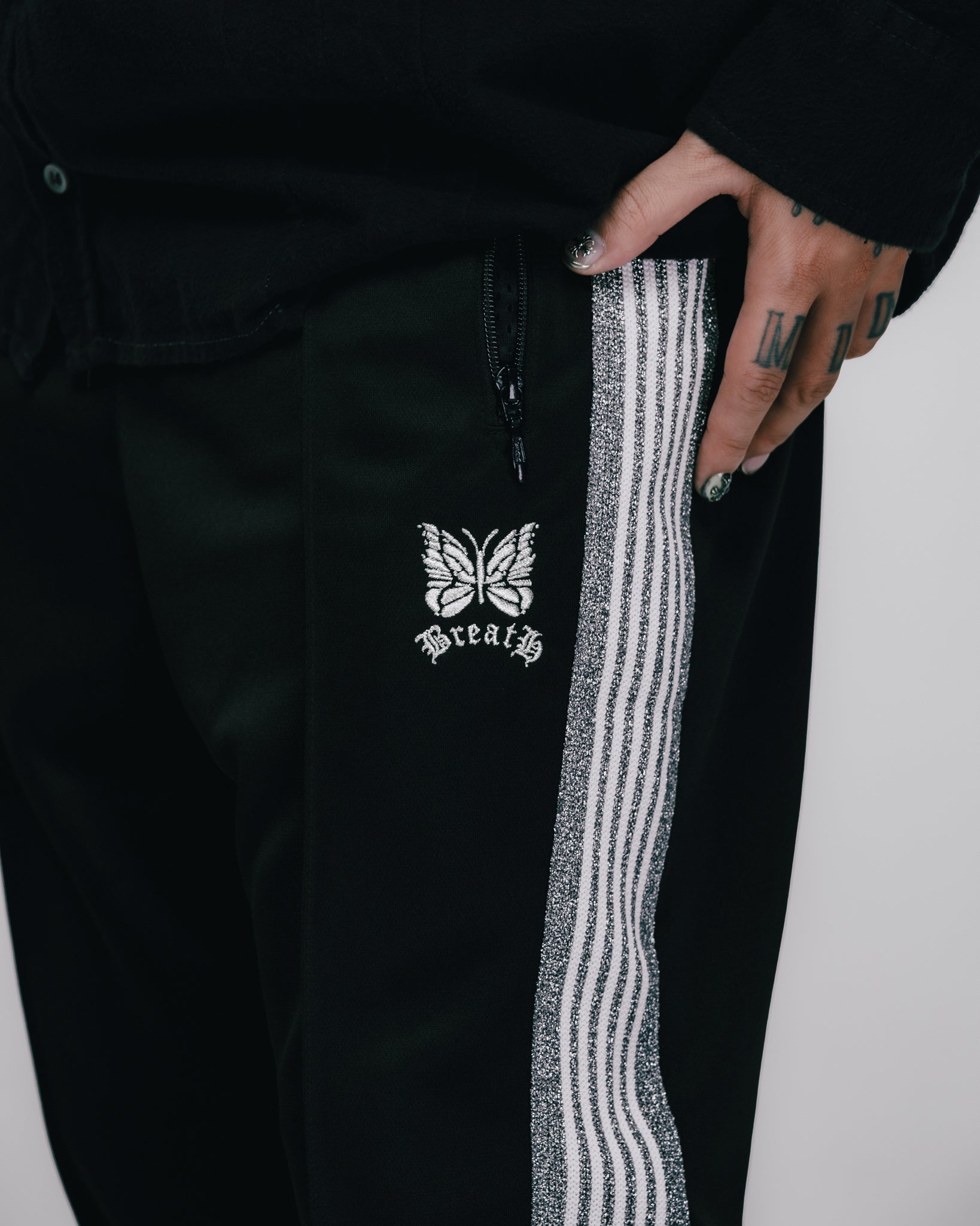 × Needles NARROW TRACK PANT - POLY SMOOTH / BLACK SILVER