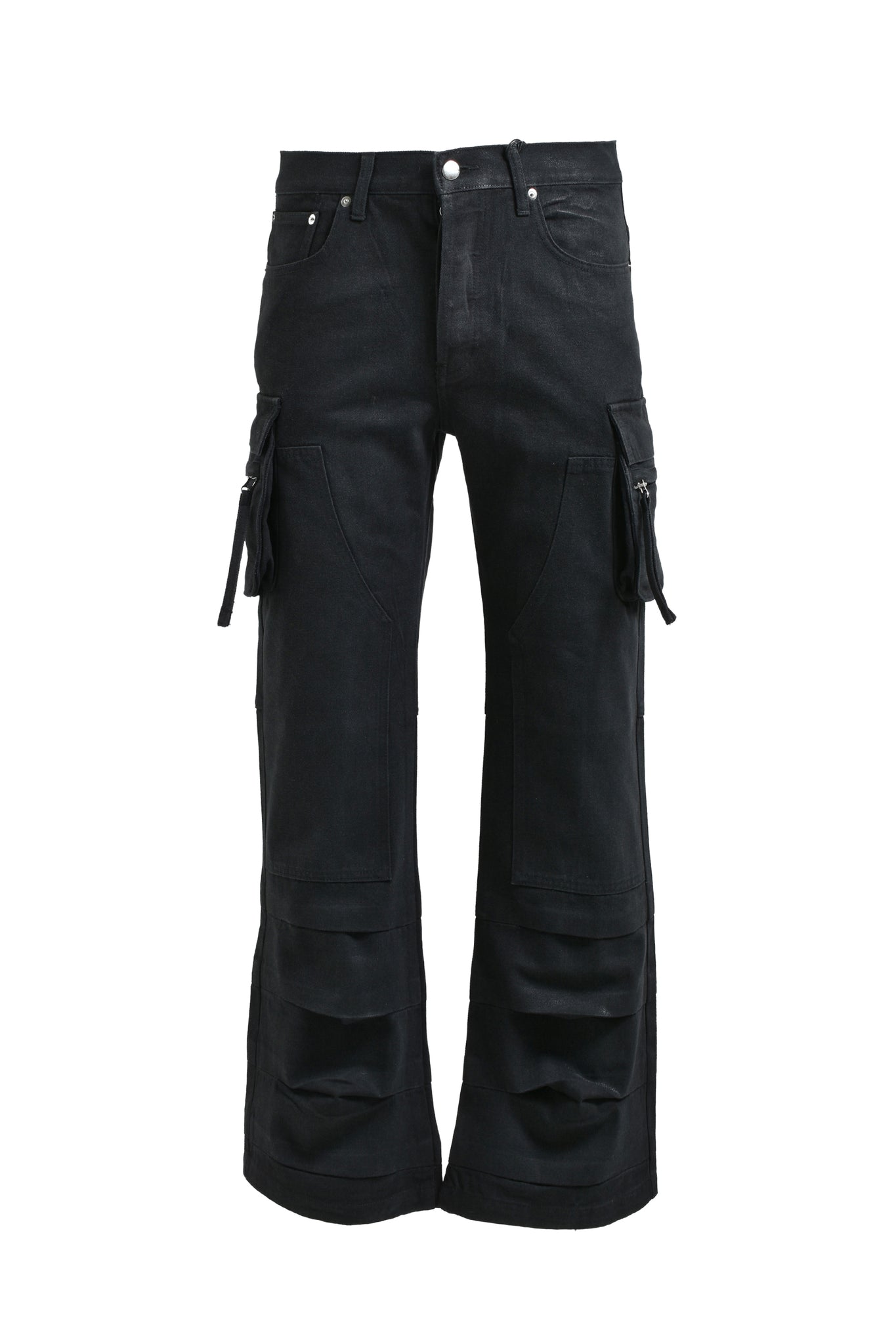COATING DOUBLE KNEE FLARE DENIM / BLACK