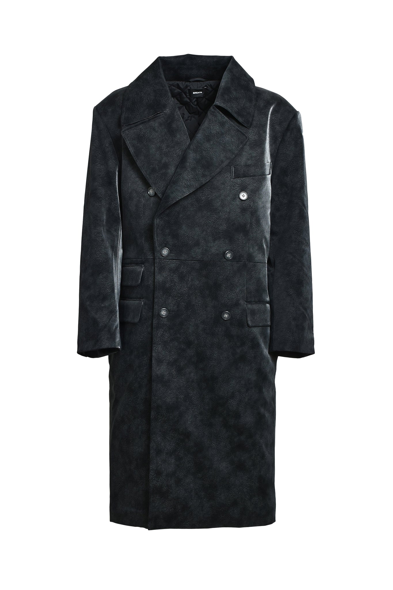 FAUX LEATHER DOUBLE BREASTED COAT / BLACK