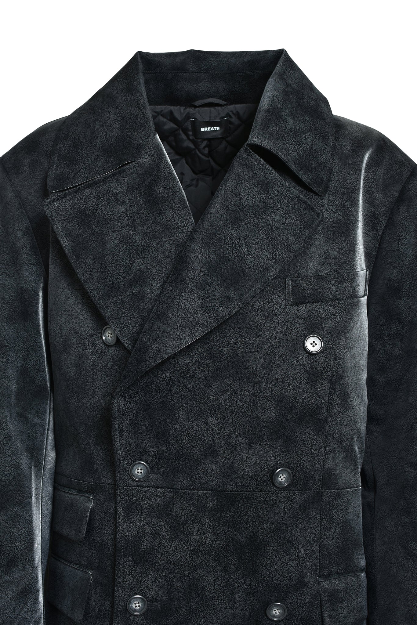 FAUX LEATHER DOUBLE BREASTED COAT / BLACK