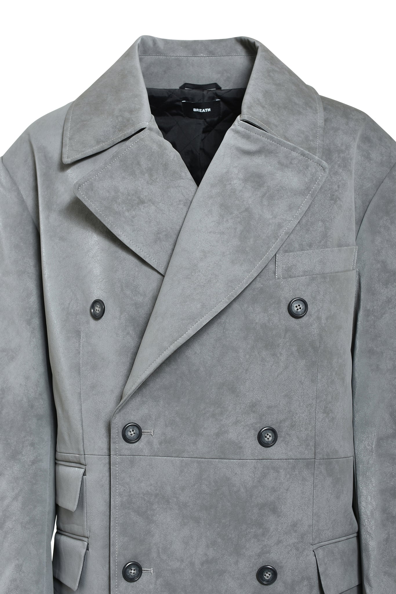 FAUX LEATHER DOUBLE BREASTED COAT / GREY