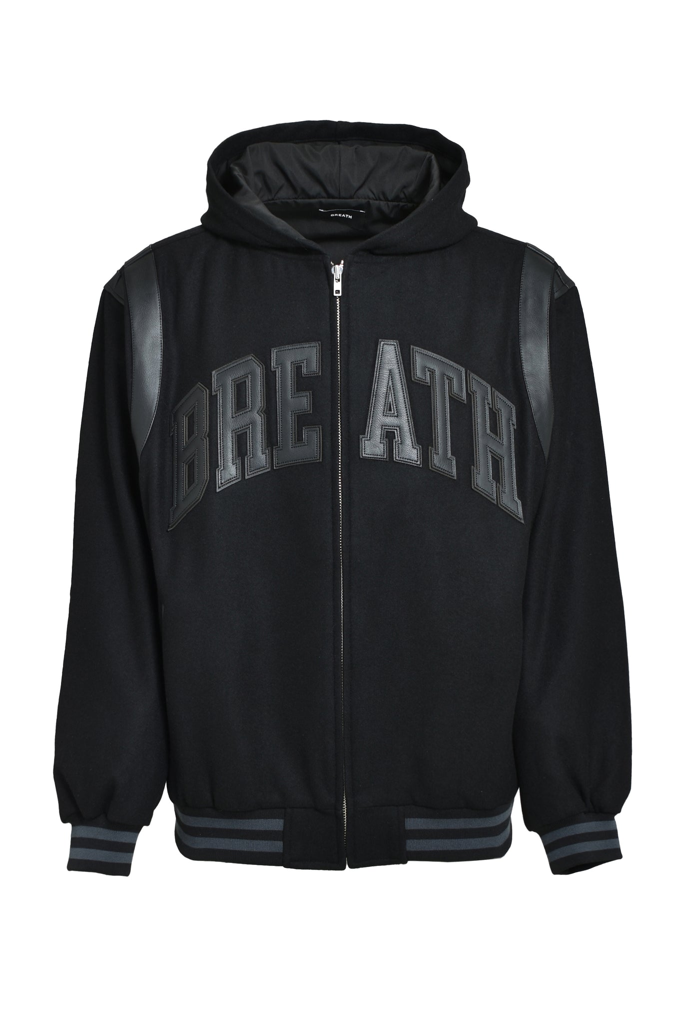 ARCH LOGO HOODED VARSITY JACKET / BLACK BLACK