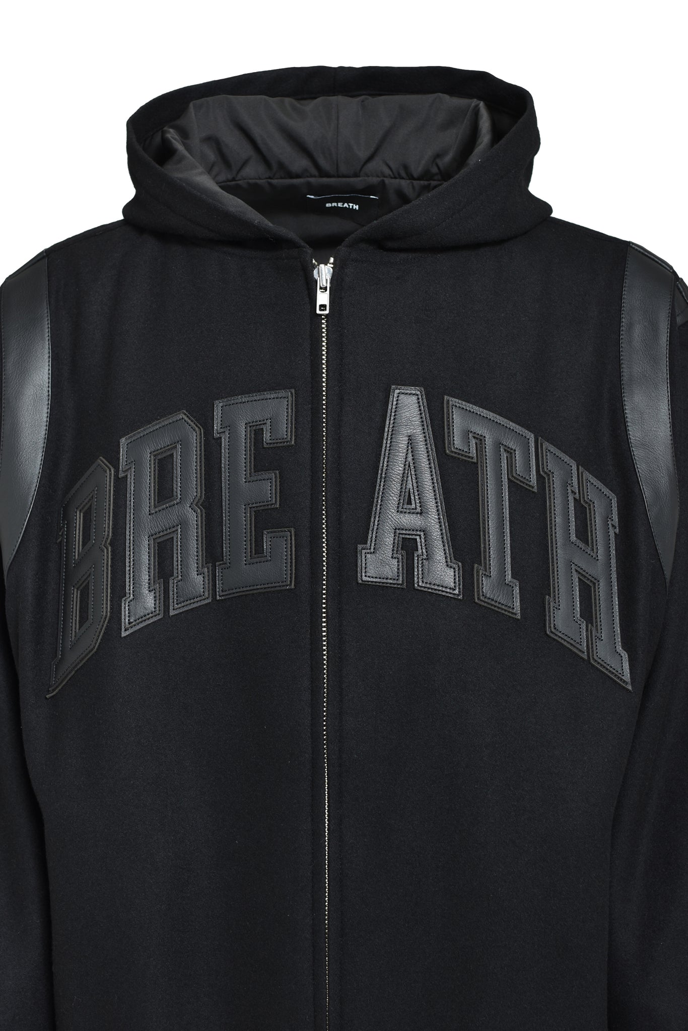 ARCH LOGO HOODED VARSITY JACKET / BLACK BLACK