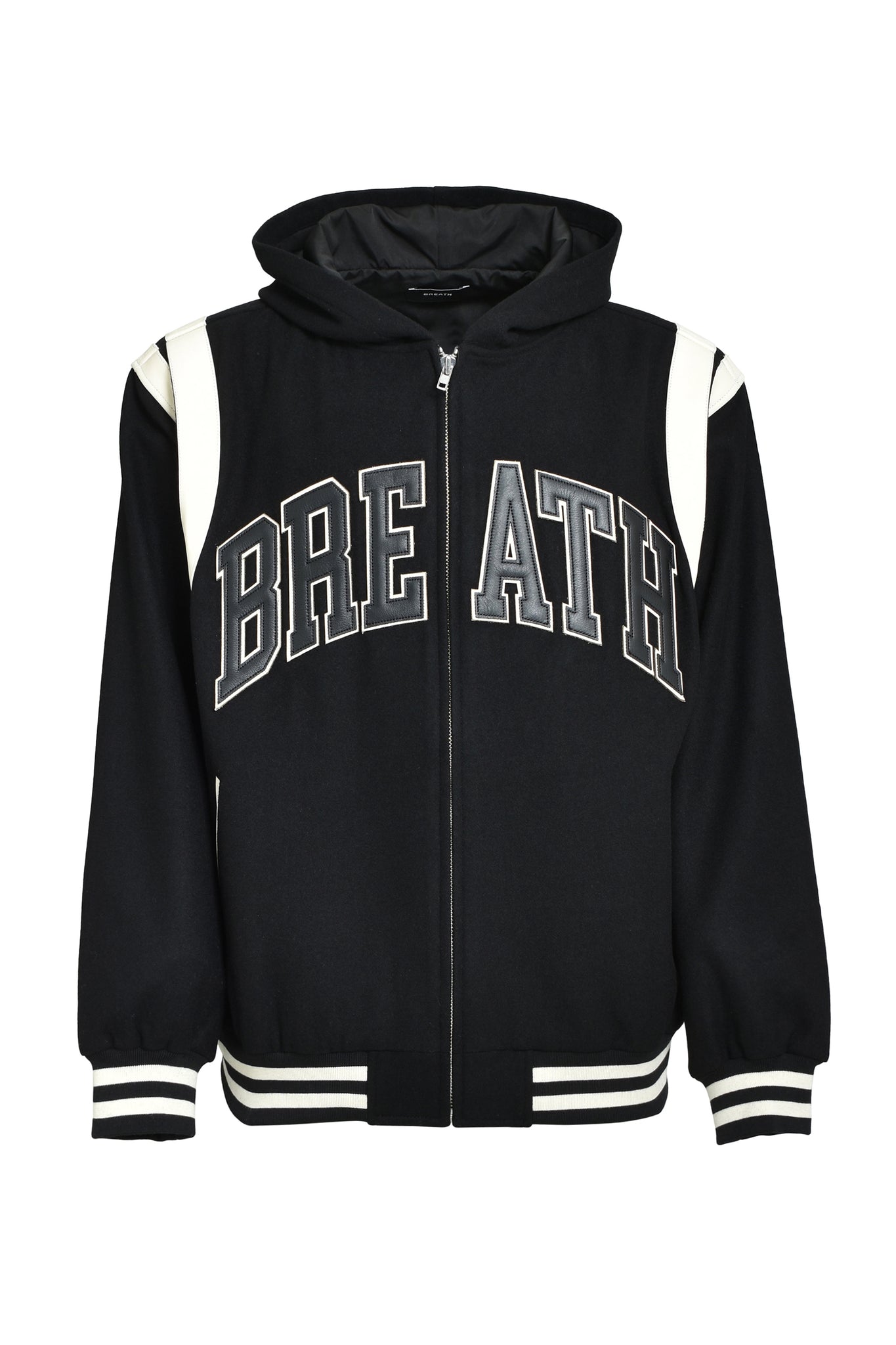 ARCH LOGO HOODED VARSITY JACKET / BLACK WHITE