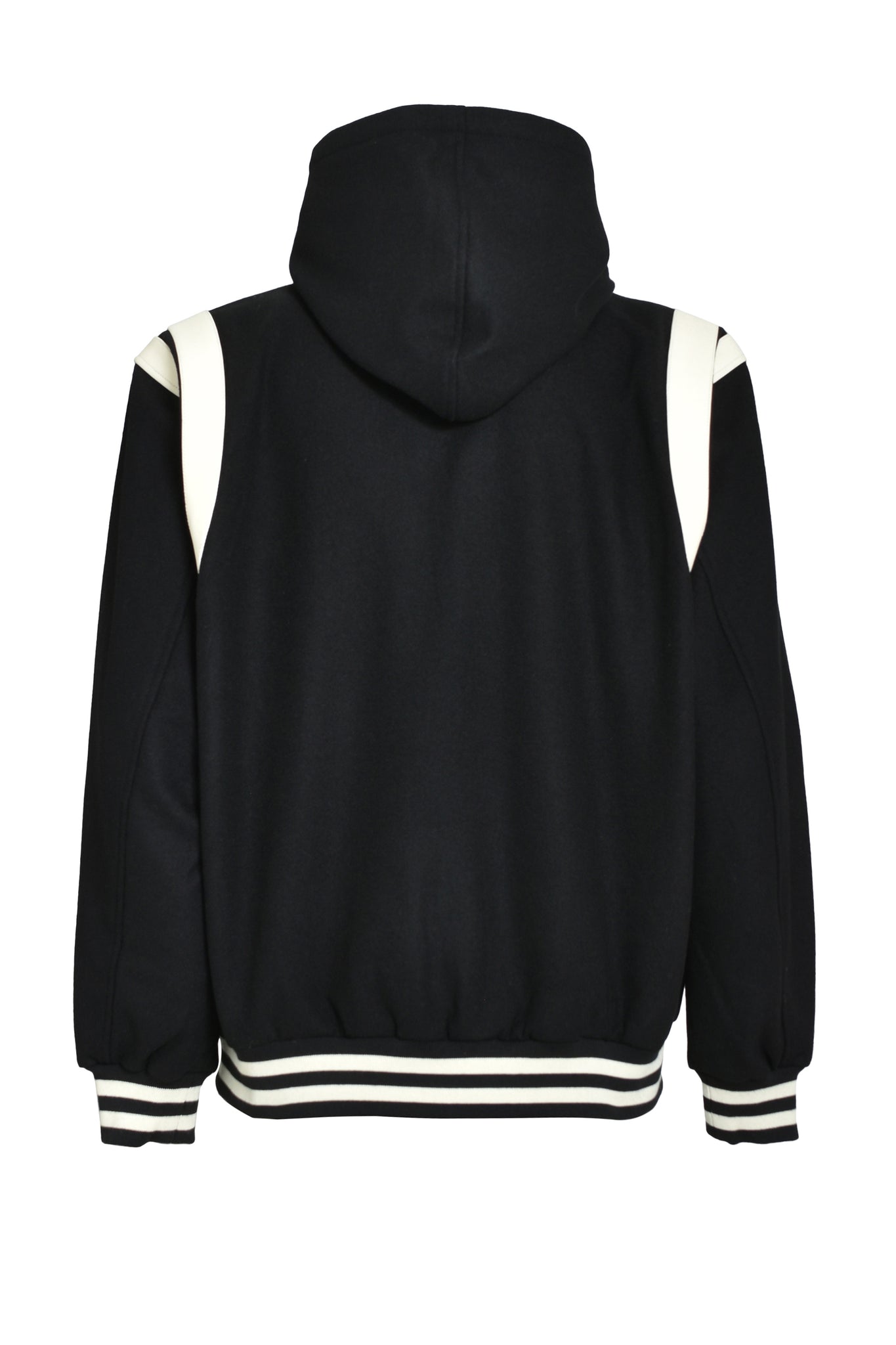 ARCH LOGO HOODED VARSITY JACKET / BLACK WHITE