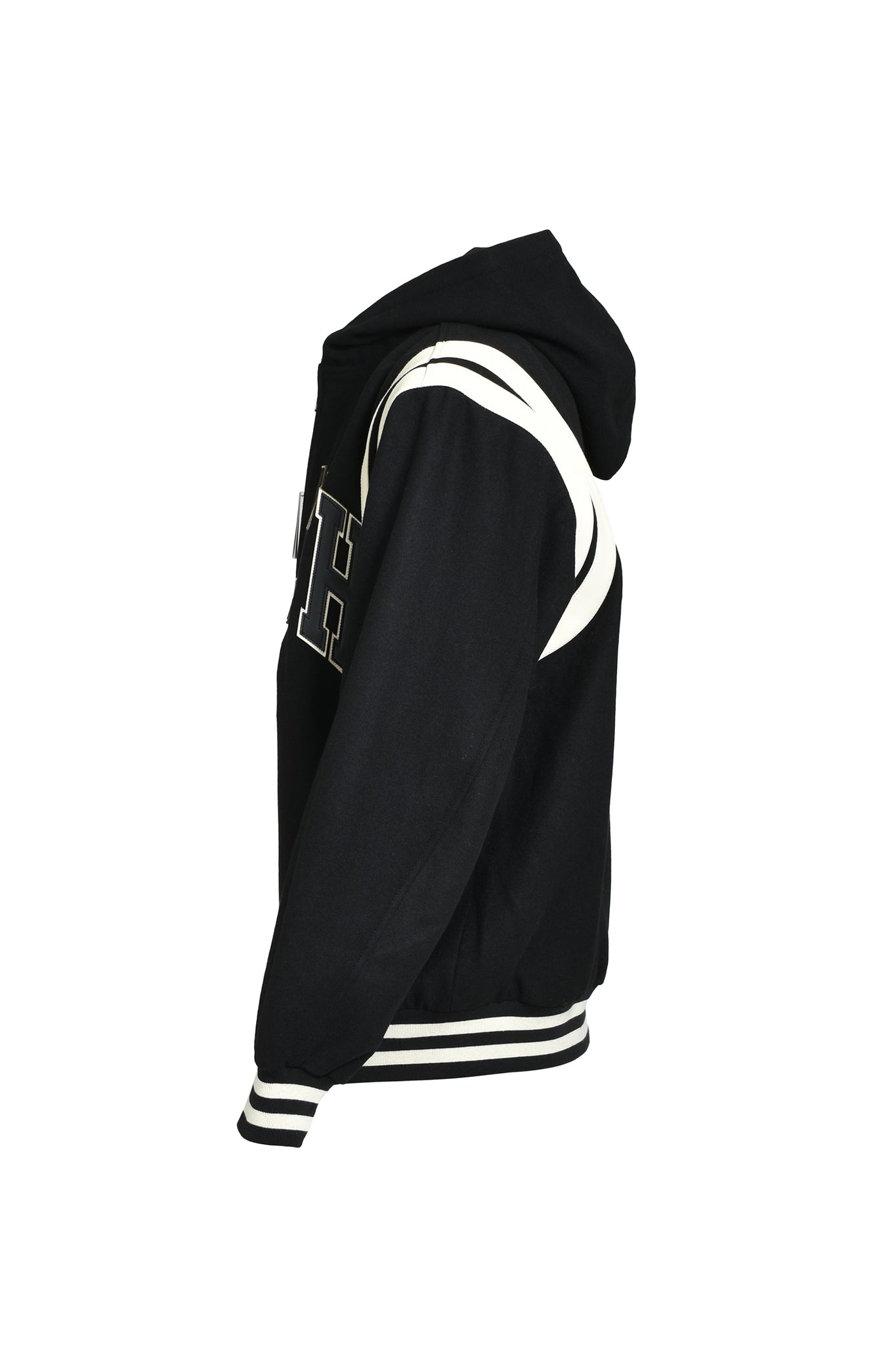 ARCH LOGO HOODED VARSITY JACKET / BLACK WHITE