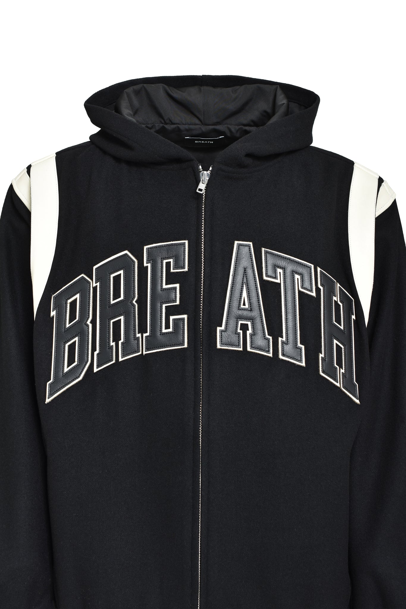 ARCH LOGO HOODED VARSITY JACKET / BLACK WHITE