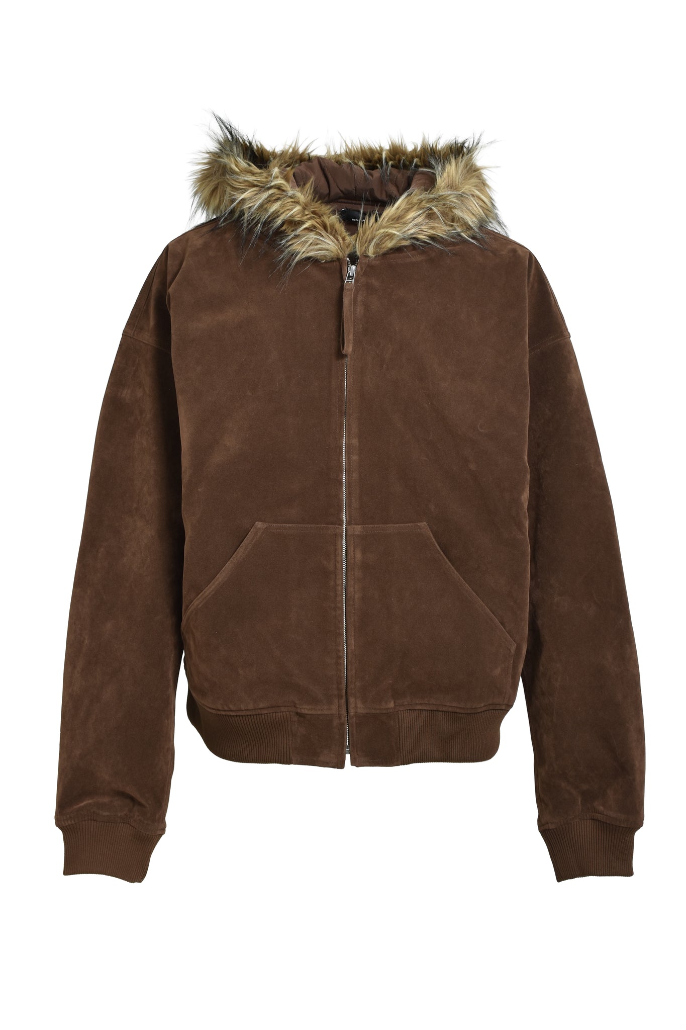 FAUX LEATHER FUR HOODED JACKET / BROWN