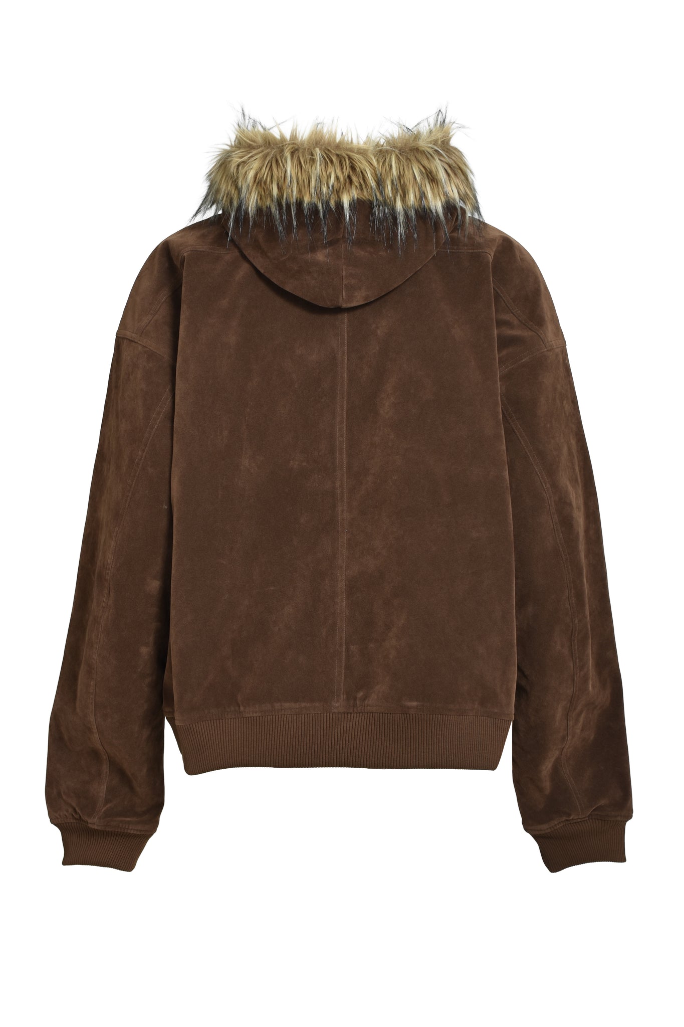 FAUX LEATHER FUR HOODED JACKET / BROWN