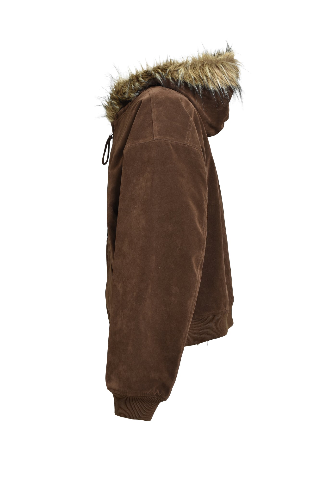 FAUX LEATHER FUR HOODED JACKET / BROWN