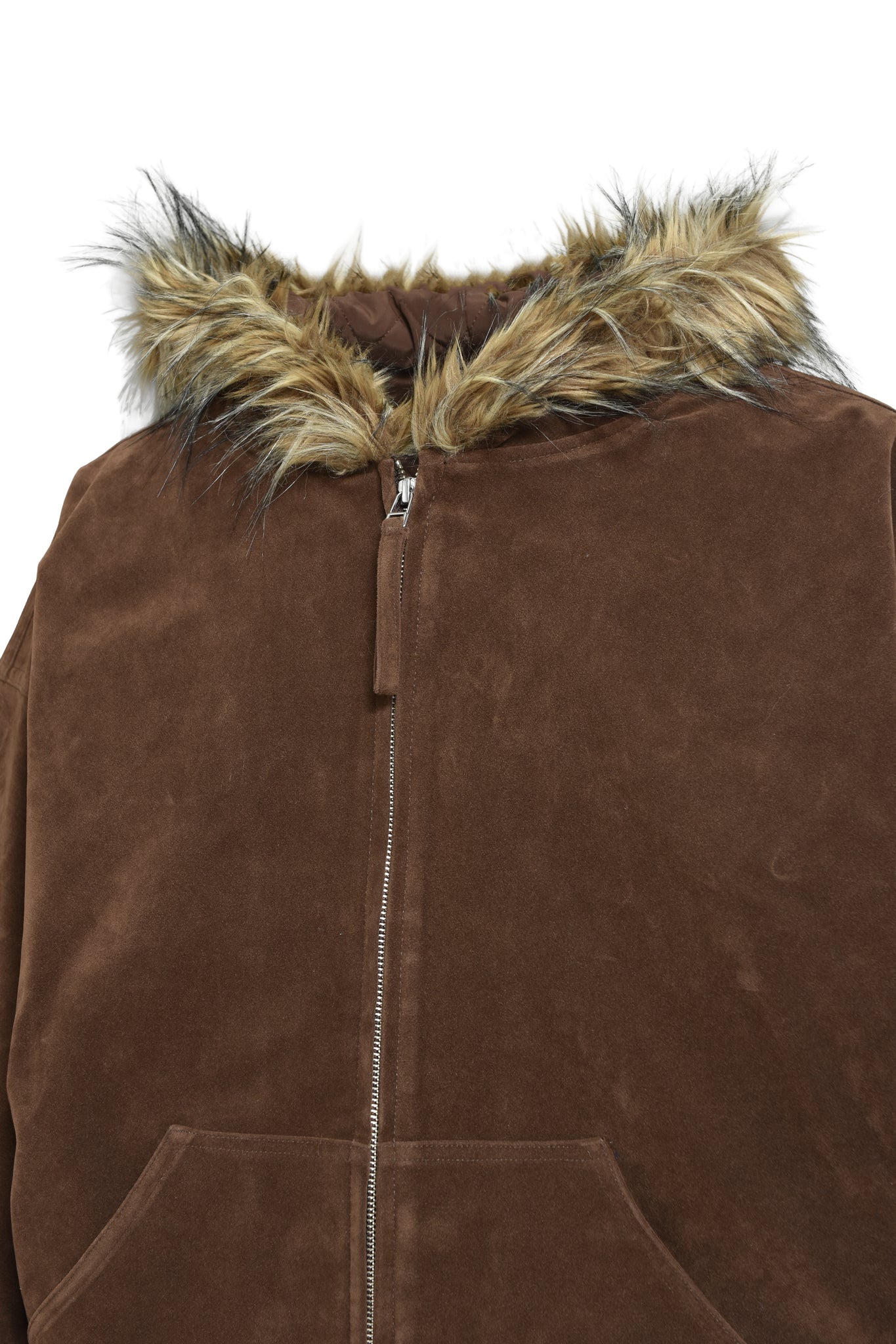 FAUX LEATHER FUR HOODED JACKET / BROWN