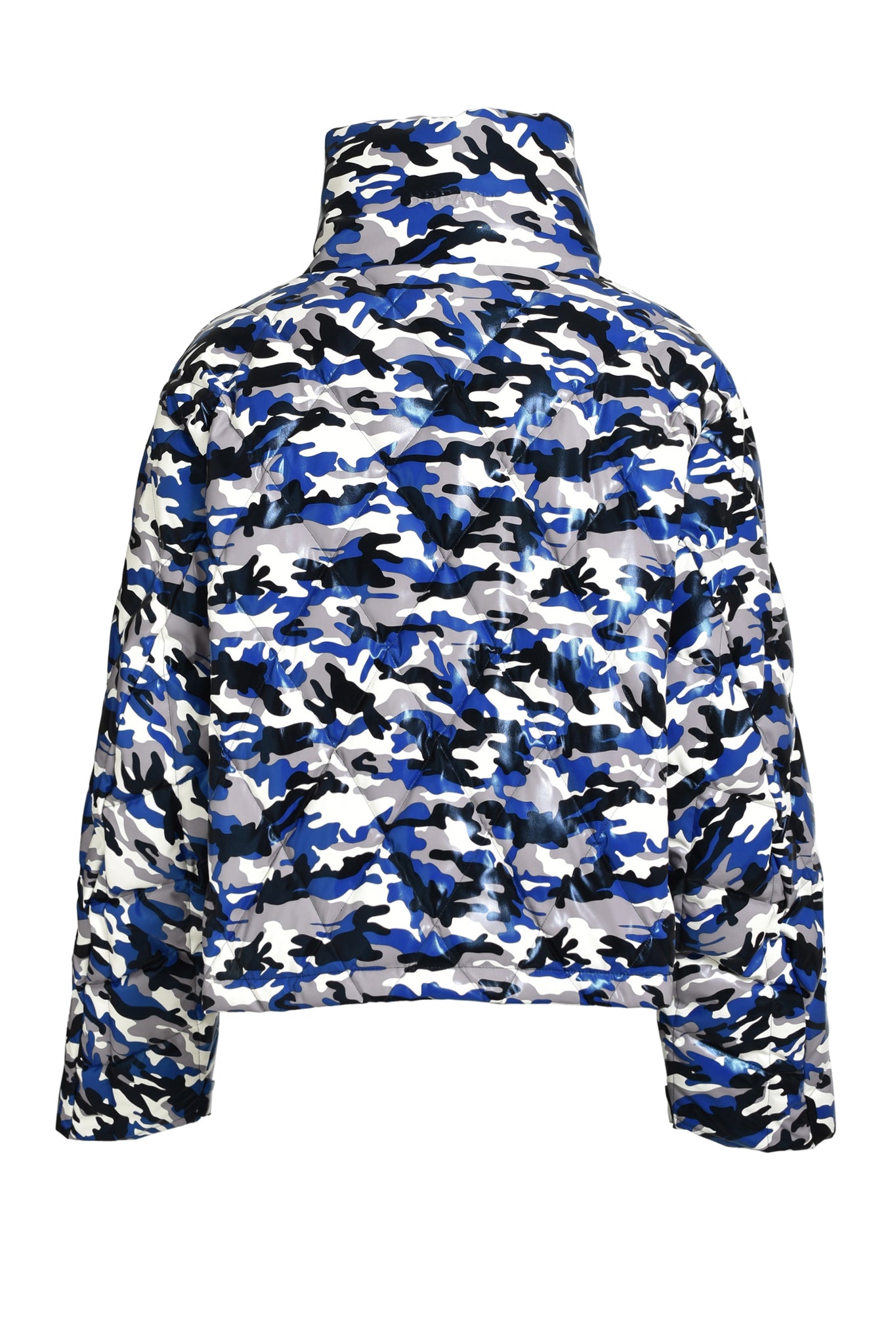 FAUX LEATHER QUILTING CAMO DOWN JACKET / BLUE CAMO