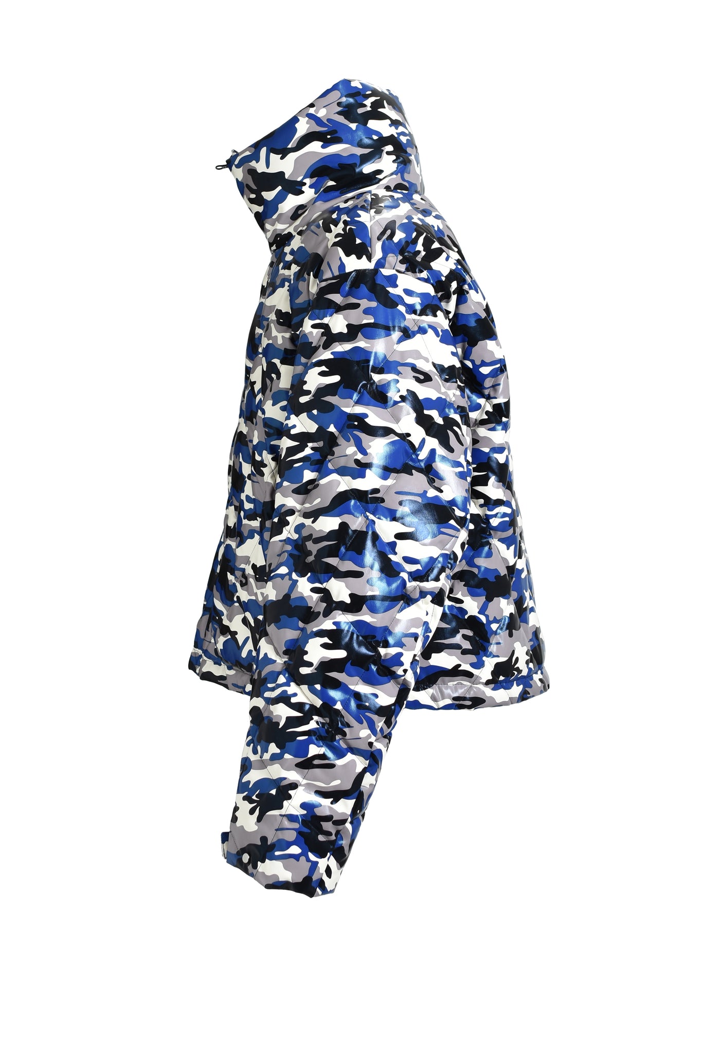 FAUX LEATHER QUILTING CAMO DOWN JACKET / BLUE CAMO