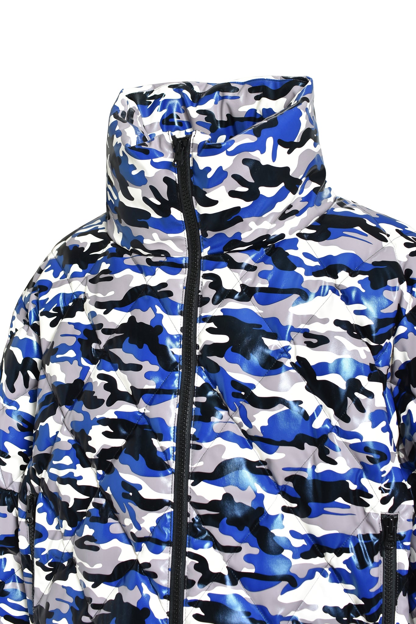 FAUX LEATHER QUILTING CAMO DOWN JACKET / BLUE CAMO