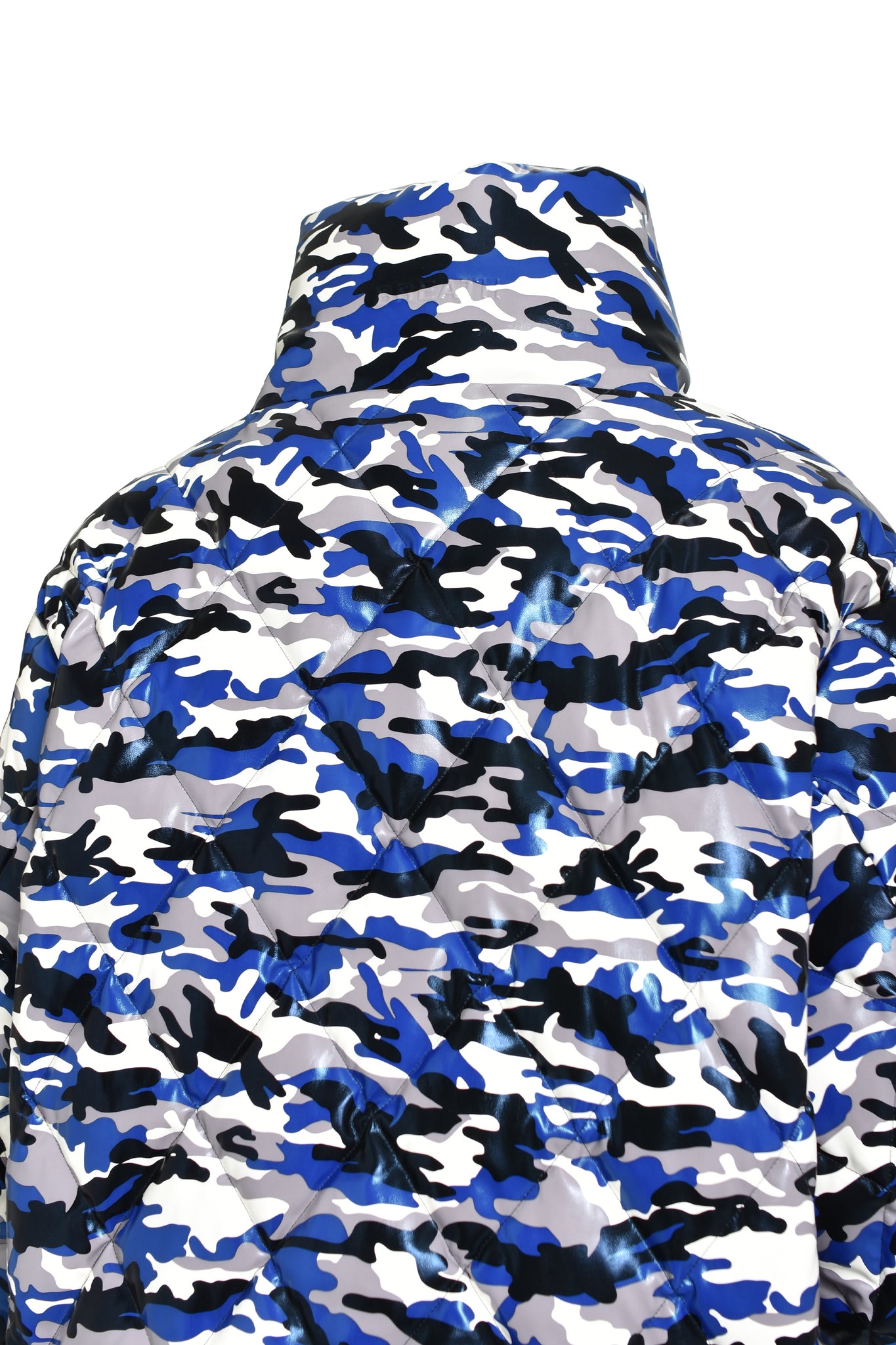 FAUX LEATHER QUILTING CAMO DOWN JACKET / BLUE CAMO