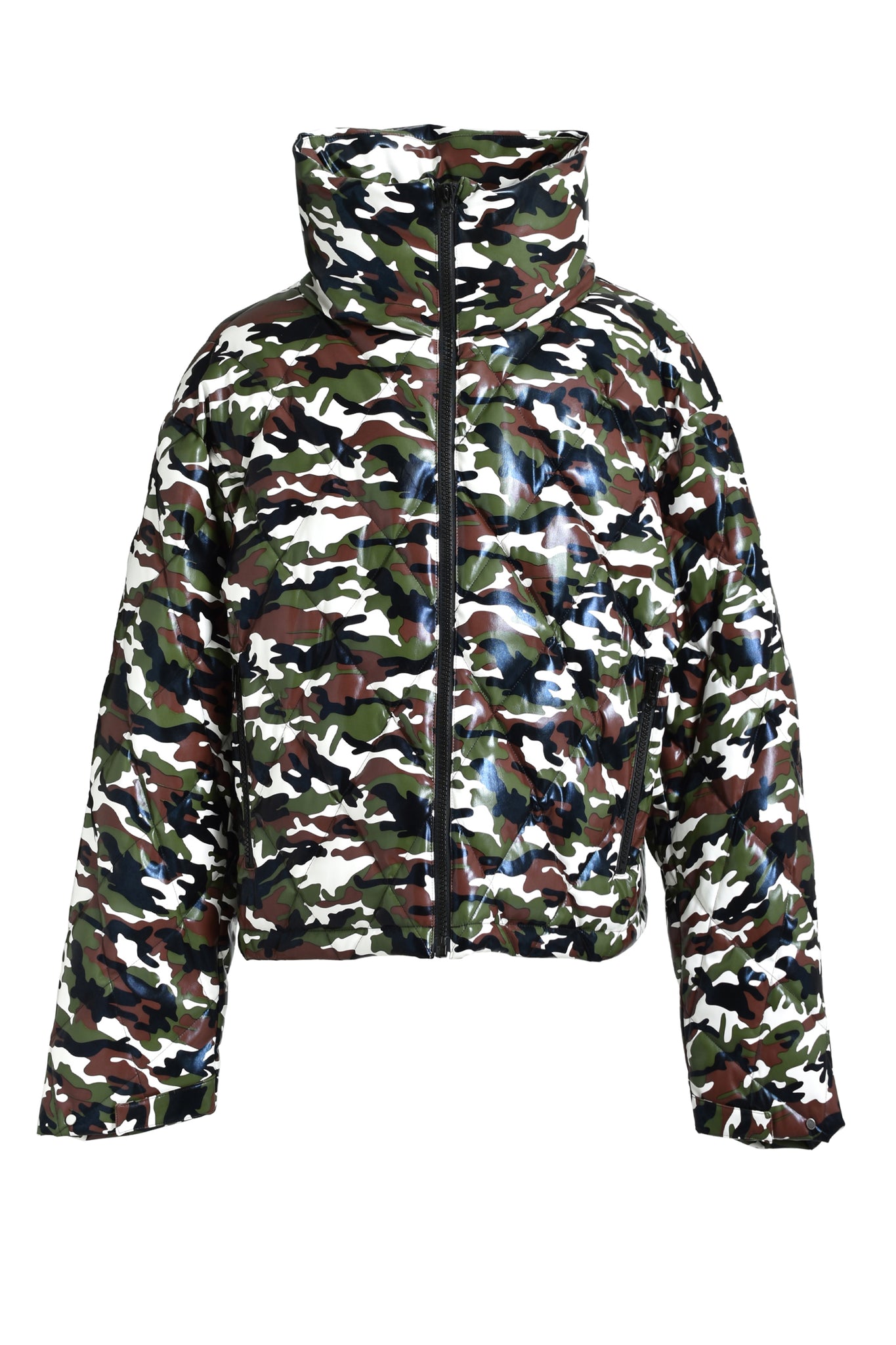 FAUX LEATHER QUILTING CAMO DOWN JACKET / WOODLAND CAMO