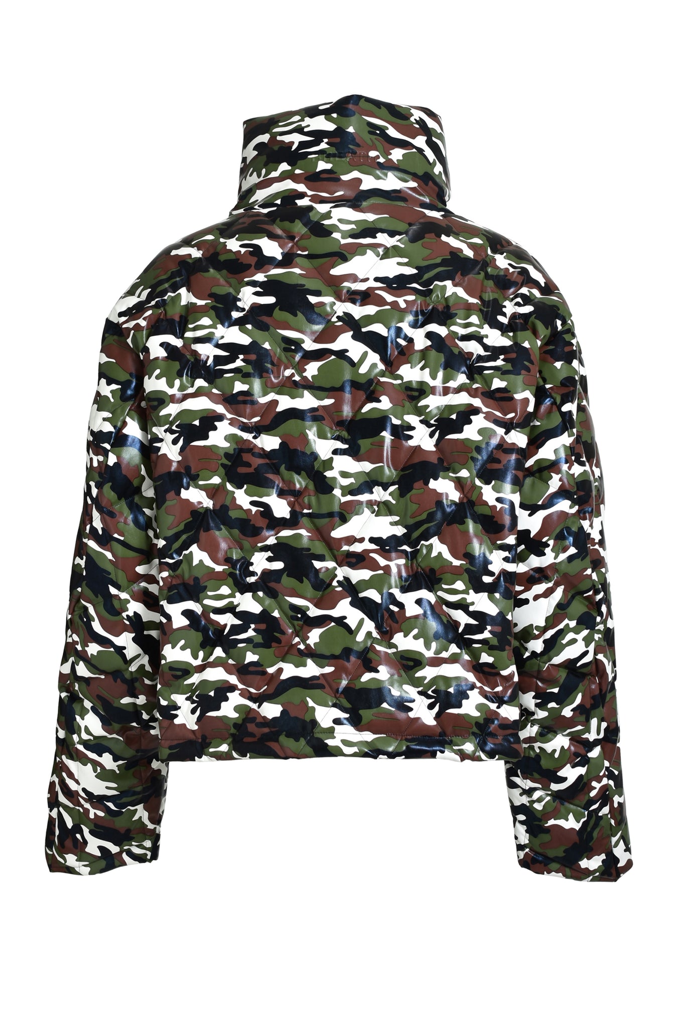 FAUX LEATHER QUILTING CAMO DOWN JACKET / WOODLAND CAMO