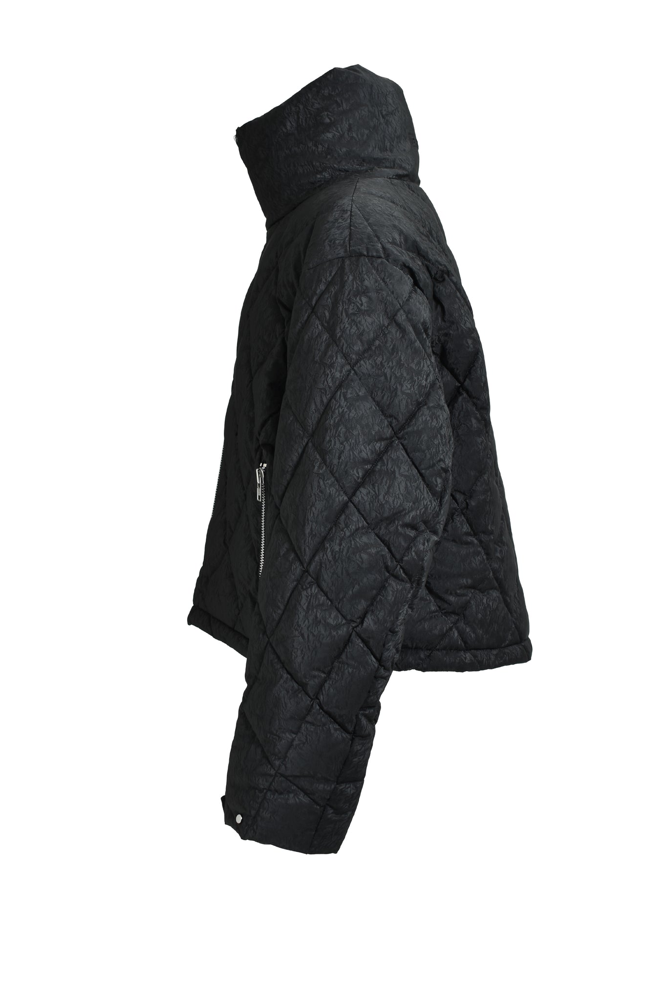 FAUX LEATHER SHINY QUILTING DOWN JACKET / BLACK