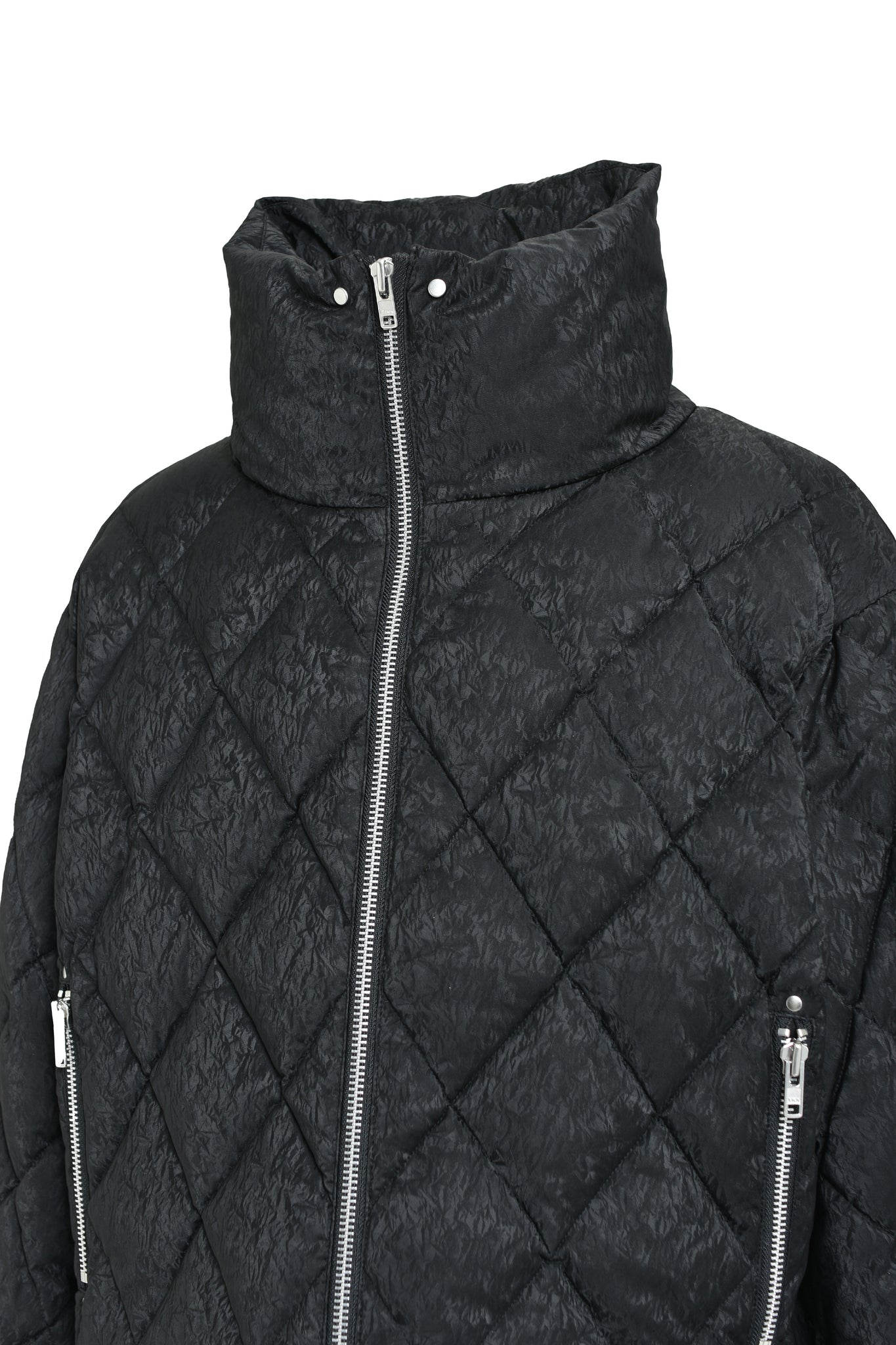 FAUX LEATHER SHINY QUILTING DOWN JACKET / BLACK