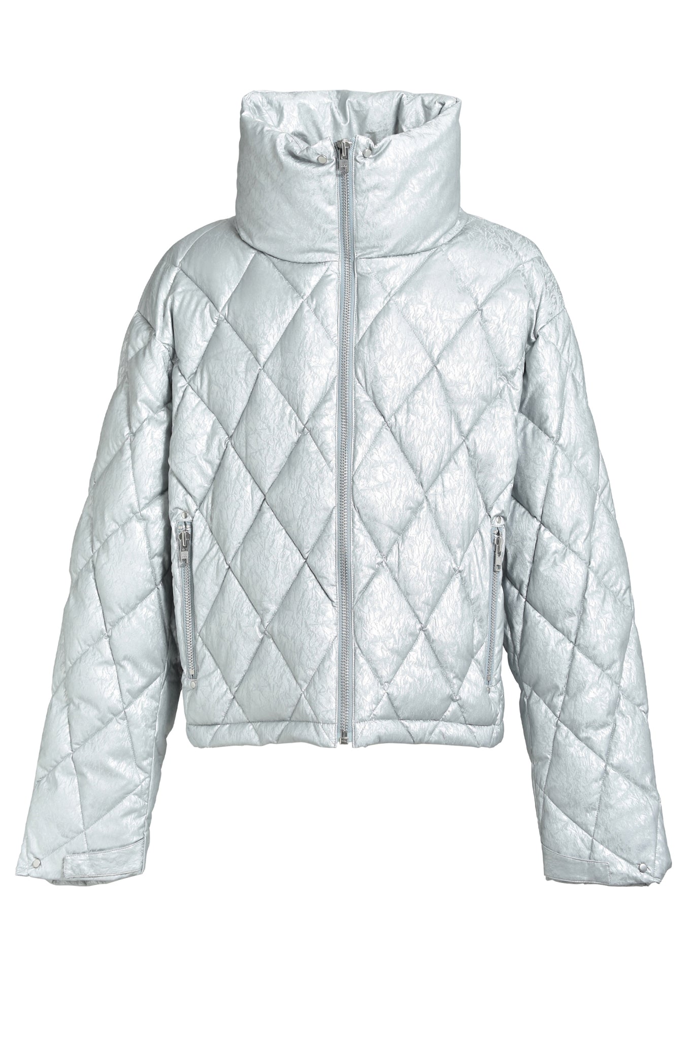 FAUX LEATHER SHINY QUILTING DOWN JACKET / SILVER