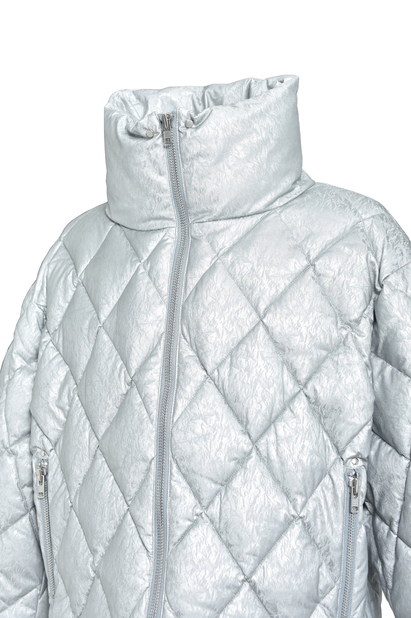 FAUX LEATHER SHINY QUILTING DOWN JACKET / SILVER