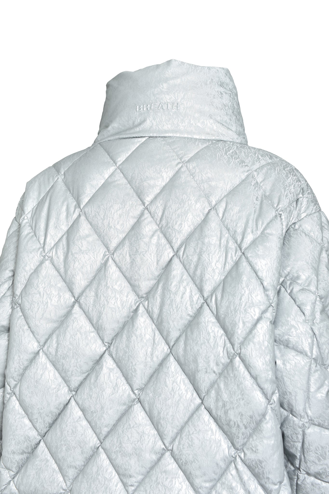 FAUX LEATHER SHINY QUILTING DOWN JACKET / SILVER