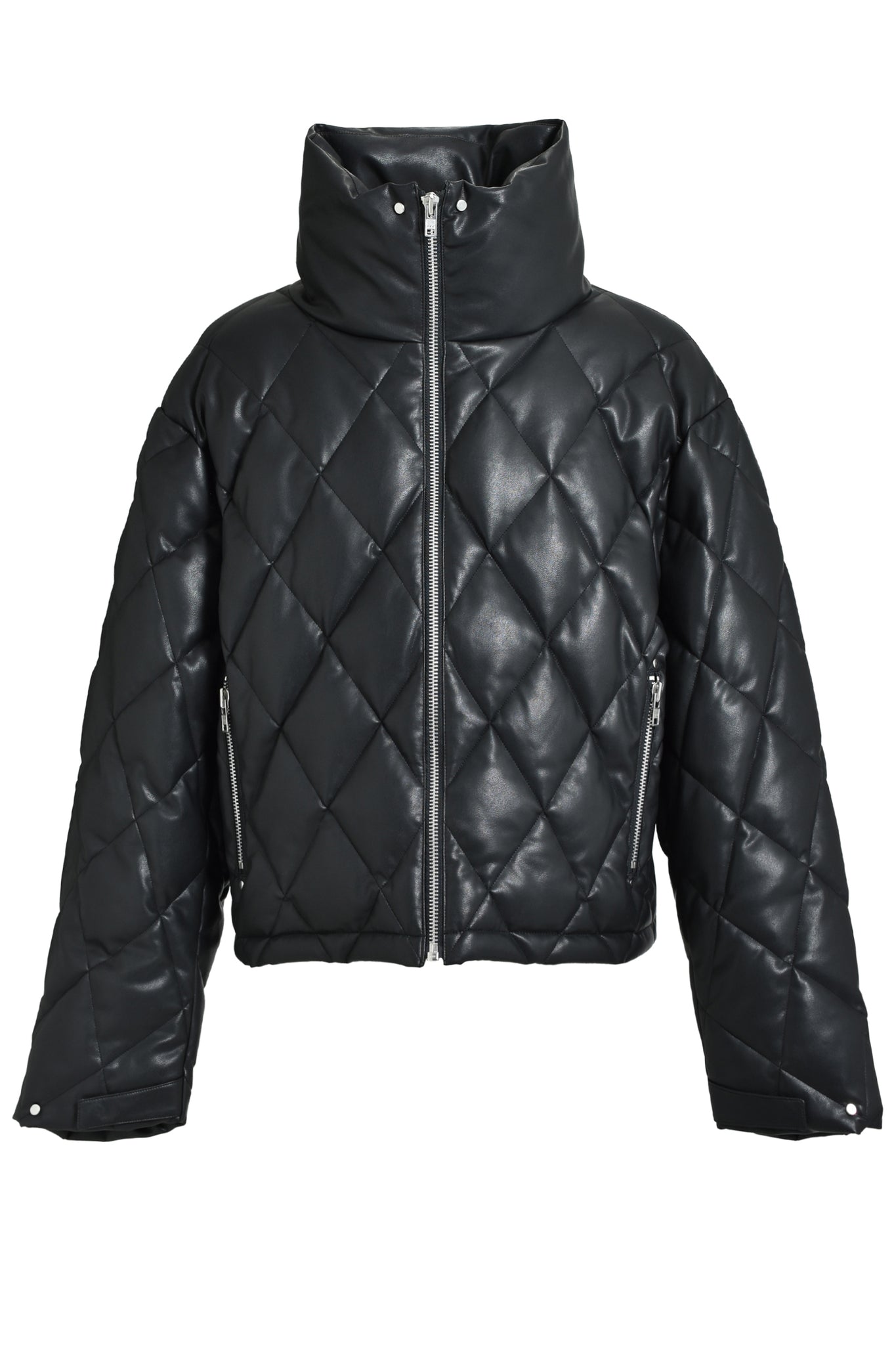 FAUX LEATHER QUILTING DOWN JACKET / BLACK