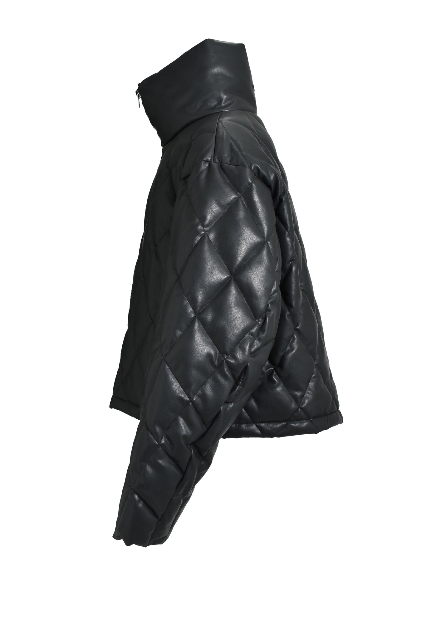 FAUX LEATHER QUILTING DOWN JACKET / BLACK