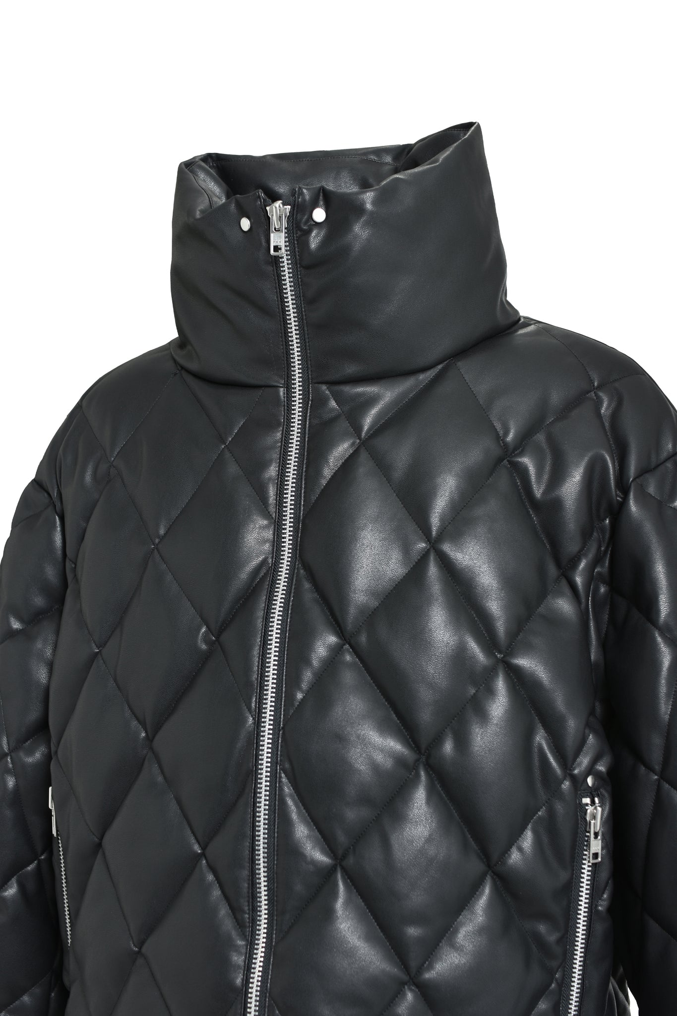FAUX LEATHER QUILTING DOWN JACKET / BLACK