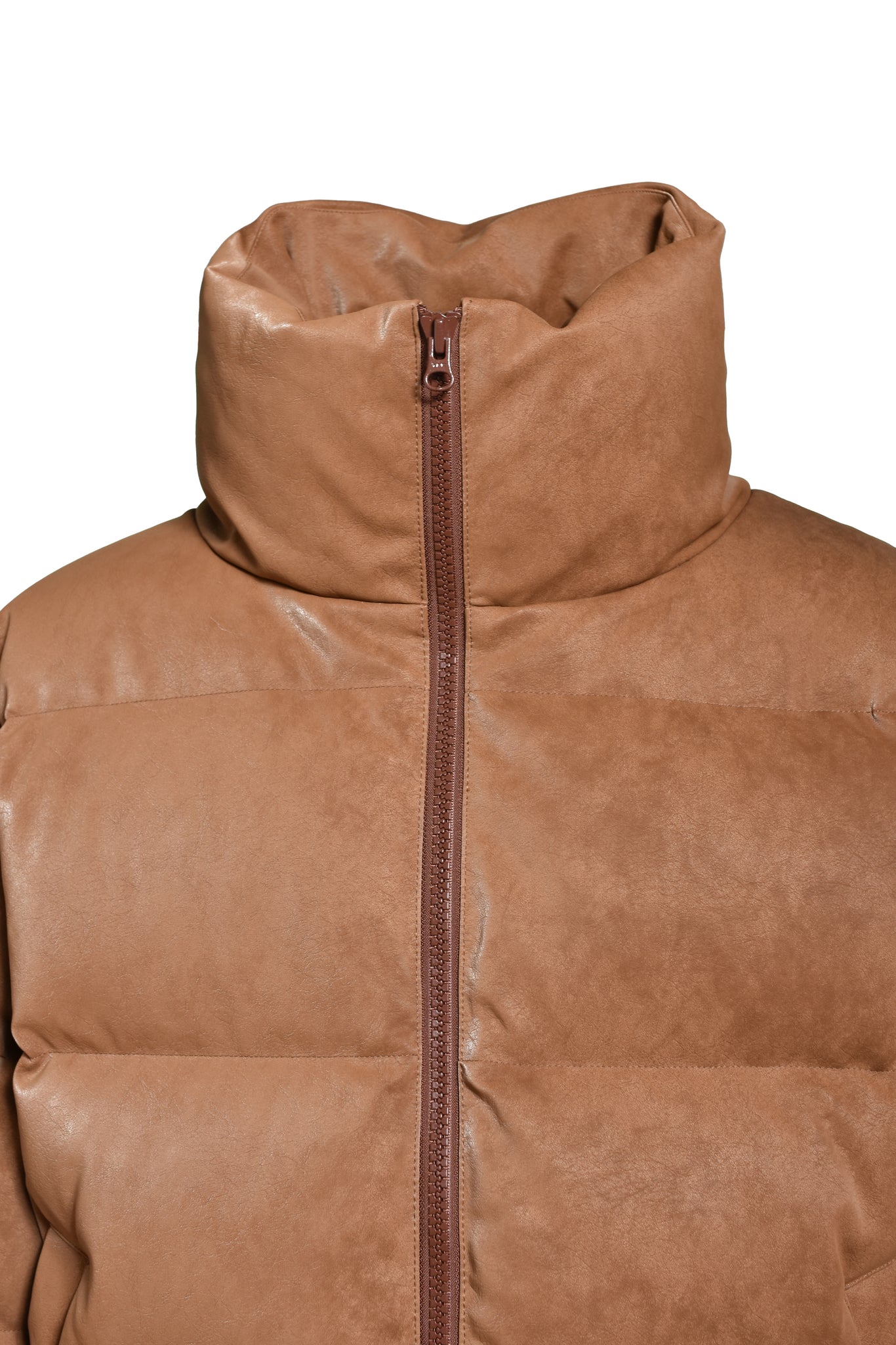 FAUX LEATHER SHRINK DOWN JACKET / BROWN