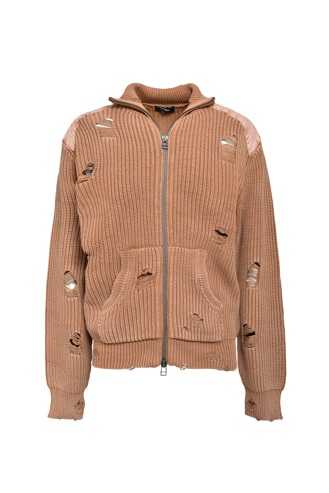 OVERDIE DAMAGE ZIP KNIT/ BROWN