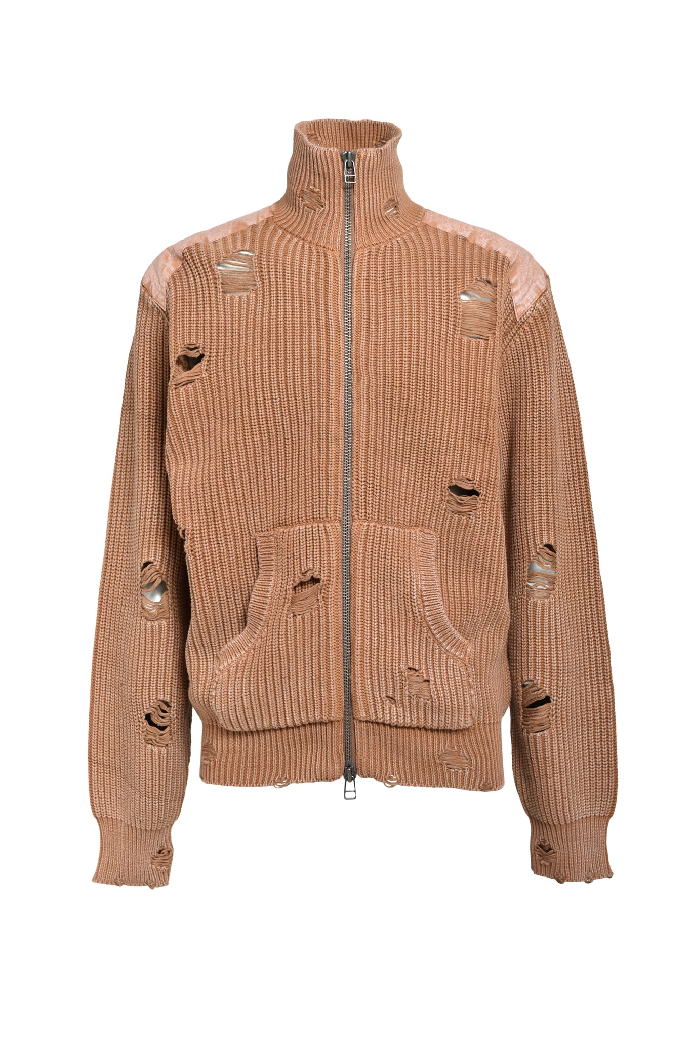 OVERDIE DAMAGE ZIP KNIT/ BROWN