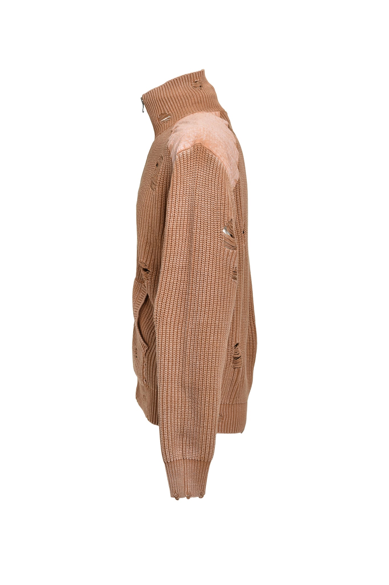 OVERDIE DAMAGE ZIP KNIT/ BROWN