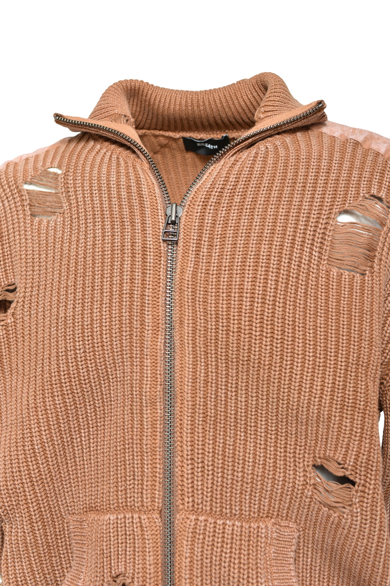 OVERDIE DAMAGE ZIP KNIT/ BROWN