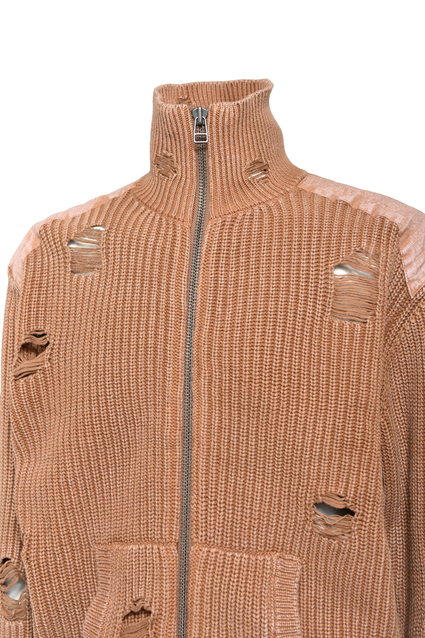 OVERDIE DAMAGE ZIP KNIT/ BROWN
